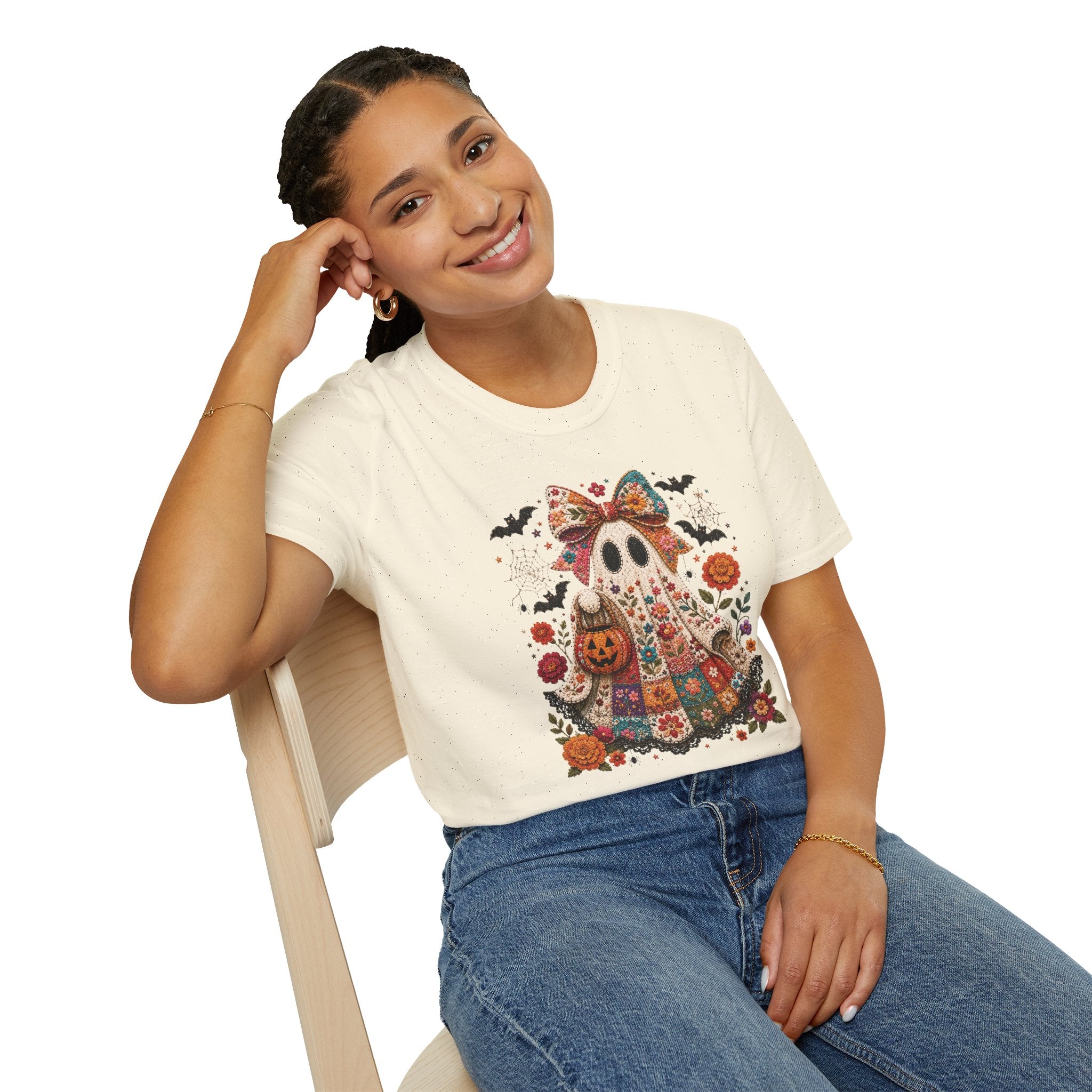 Patchwork Floral Ghost Halloween Shirt | Quilted Boho Ghost with Pumpkin and Bats