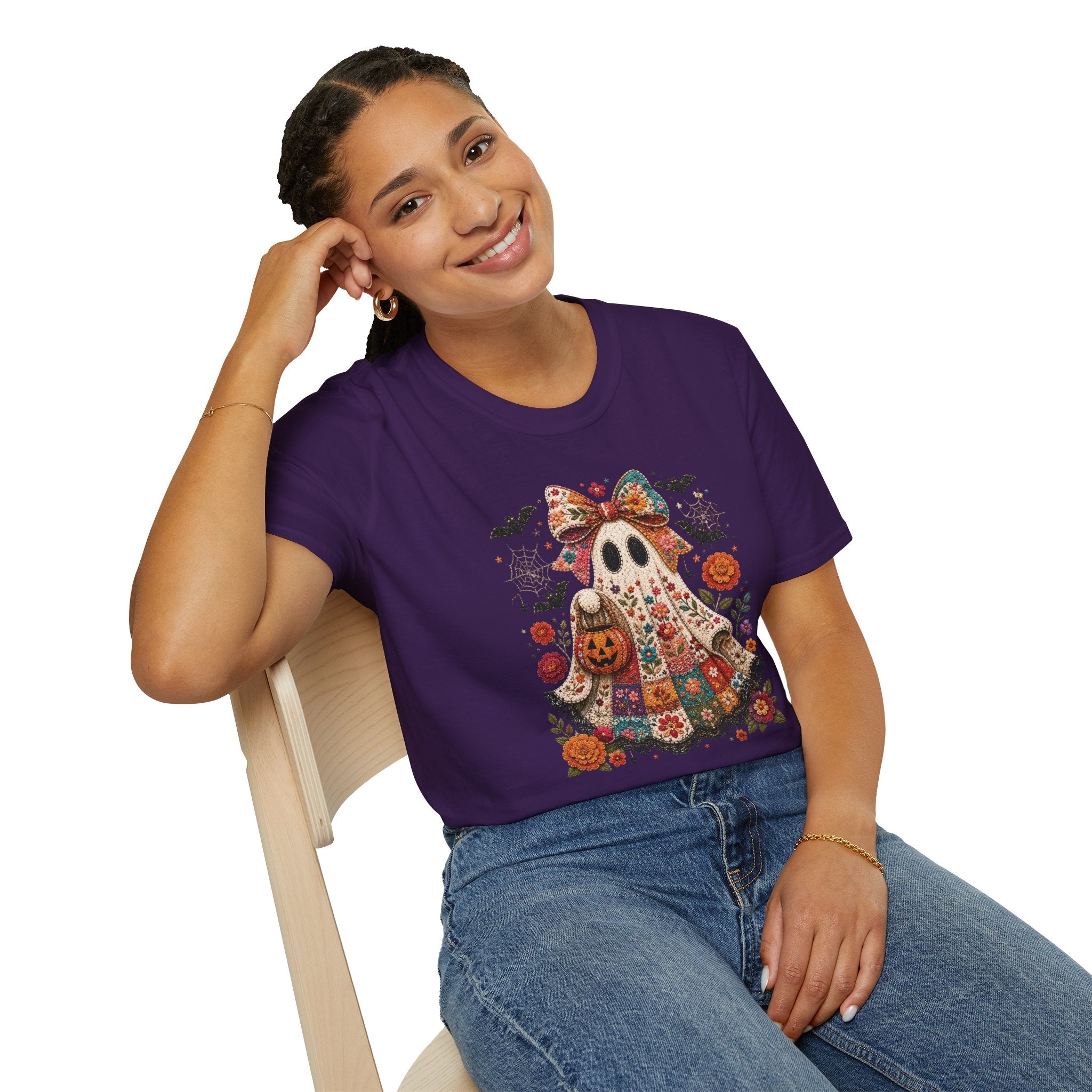 Patchwork Floral Ghost Halloween Shirt | Quilted Boho Ghost with Pumpkin and Bats