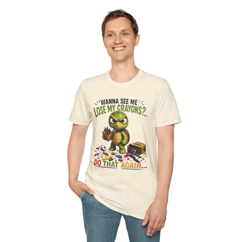 Funny Angry Turtle T-Shirt — “Wanna See Me Lose My Crayons? Do That Again…” — Teacher & Art Lover Tee