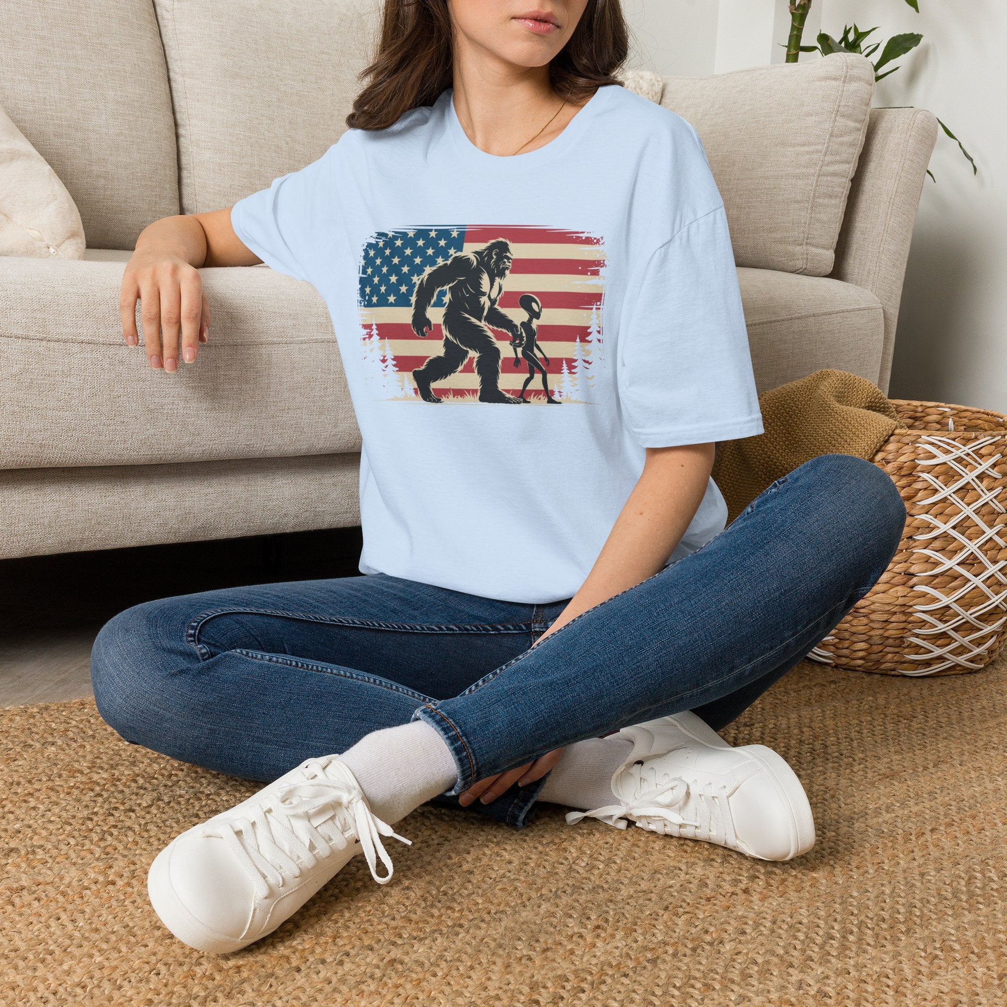 Bigfoot & Alien Patriotic T-Shirt — Distressed Flag Cryptid Design