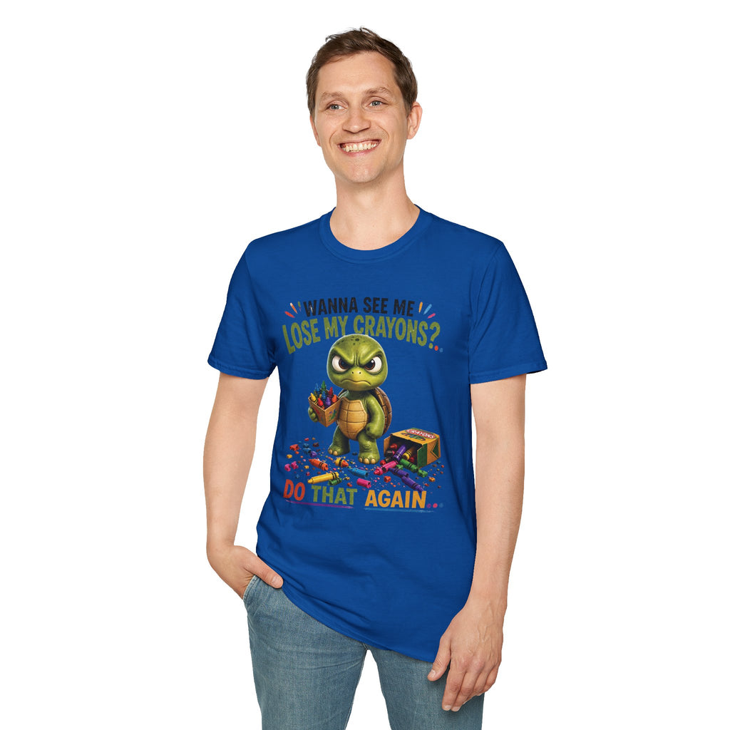 Funny Angry Turtle T-Shirt — “Wanna See Me Lose My Crayons? Do That Again…” — Teacher & Art Lover Tee