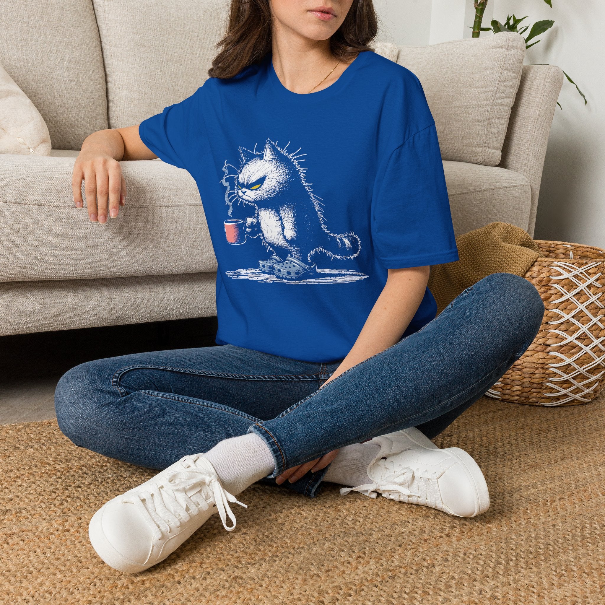 Grumpy Cat with Coffee T-Shirt — Moody Morning Cat Graphic Tee