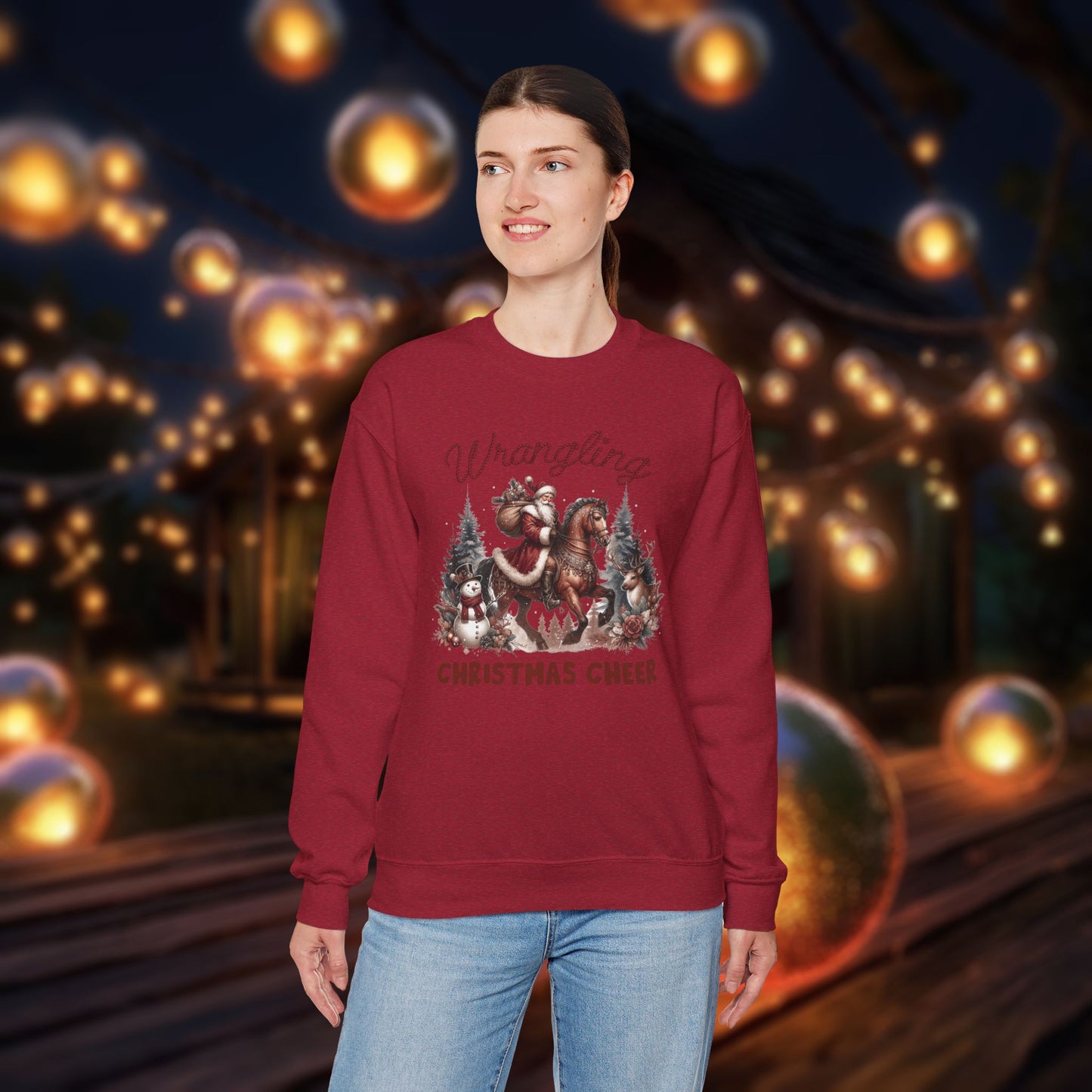 Christmas Western Sweatshirt with Santa on Horse and Snowman