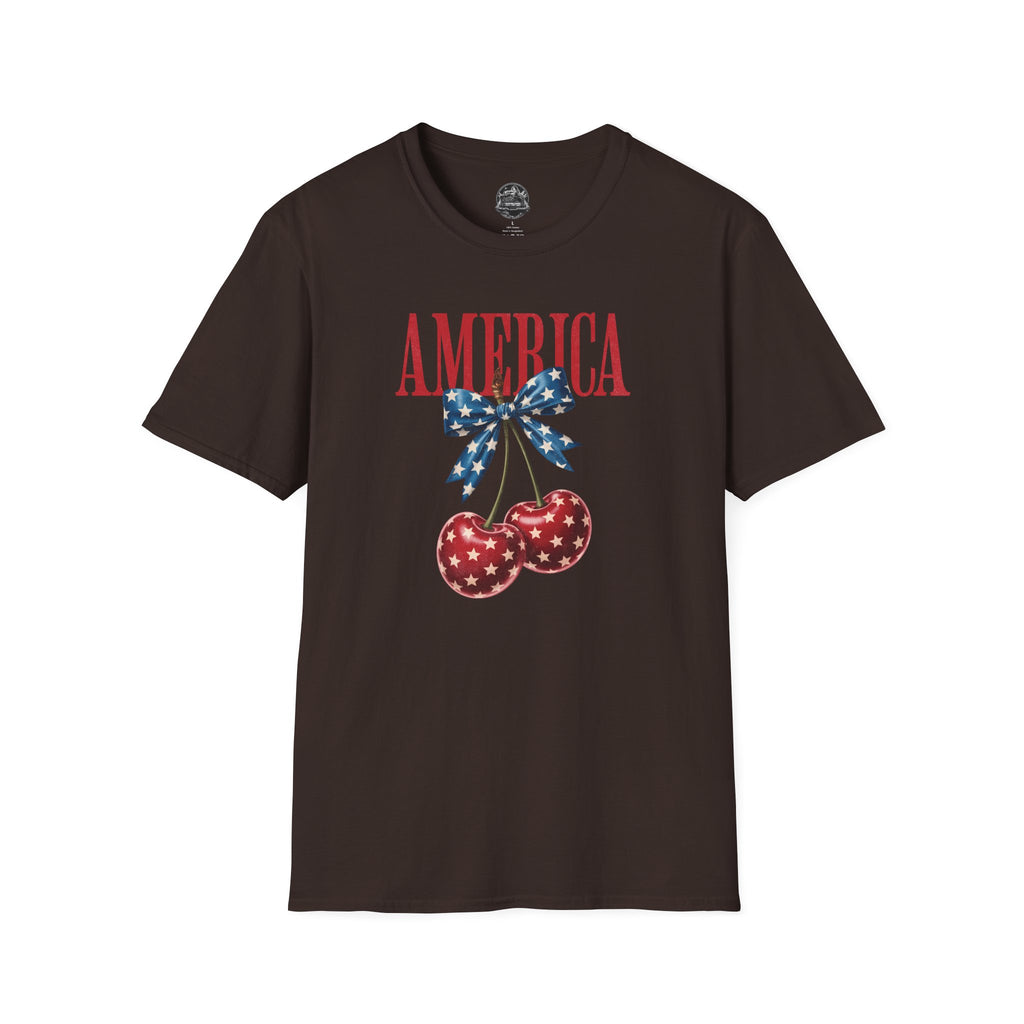 Patriotic Cherry T-Shirt — Glossy Stars & Vintage “AMERICA” Design