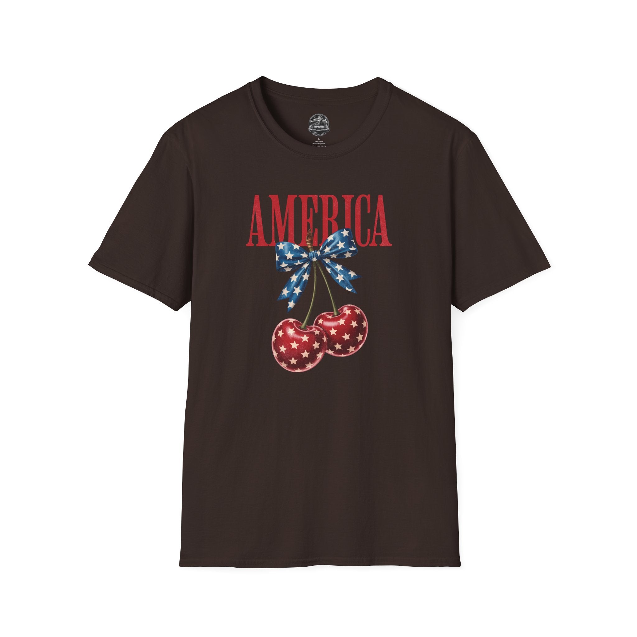 Patriotic Cherry T-Shirt — Glossy Stars & Vintage “AMERICA” Design