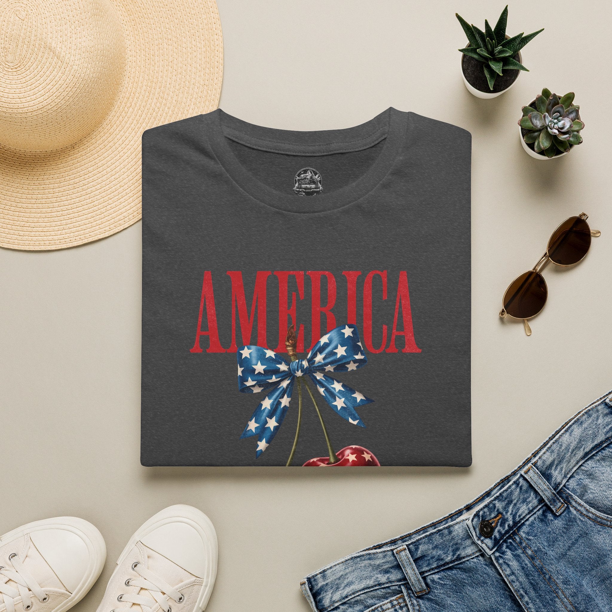 Patriotic Cherry T-Shirt — Glossy Stars & Vintage “AMERICA” Design