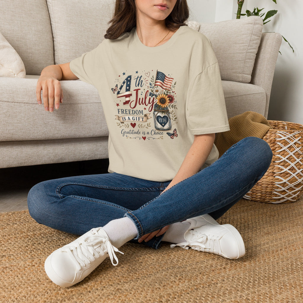 4th of July T-Shirt — "Freedom Is A Gift" Patriotic American Flag & Sunflower Tee