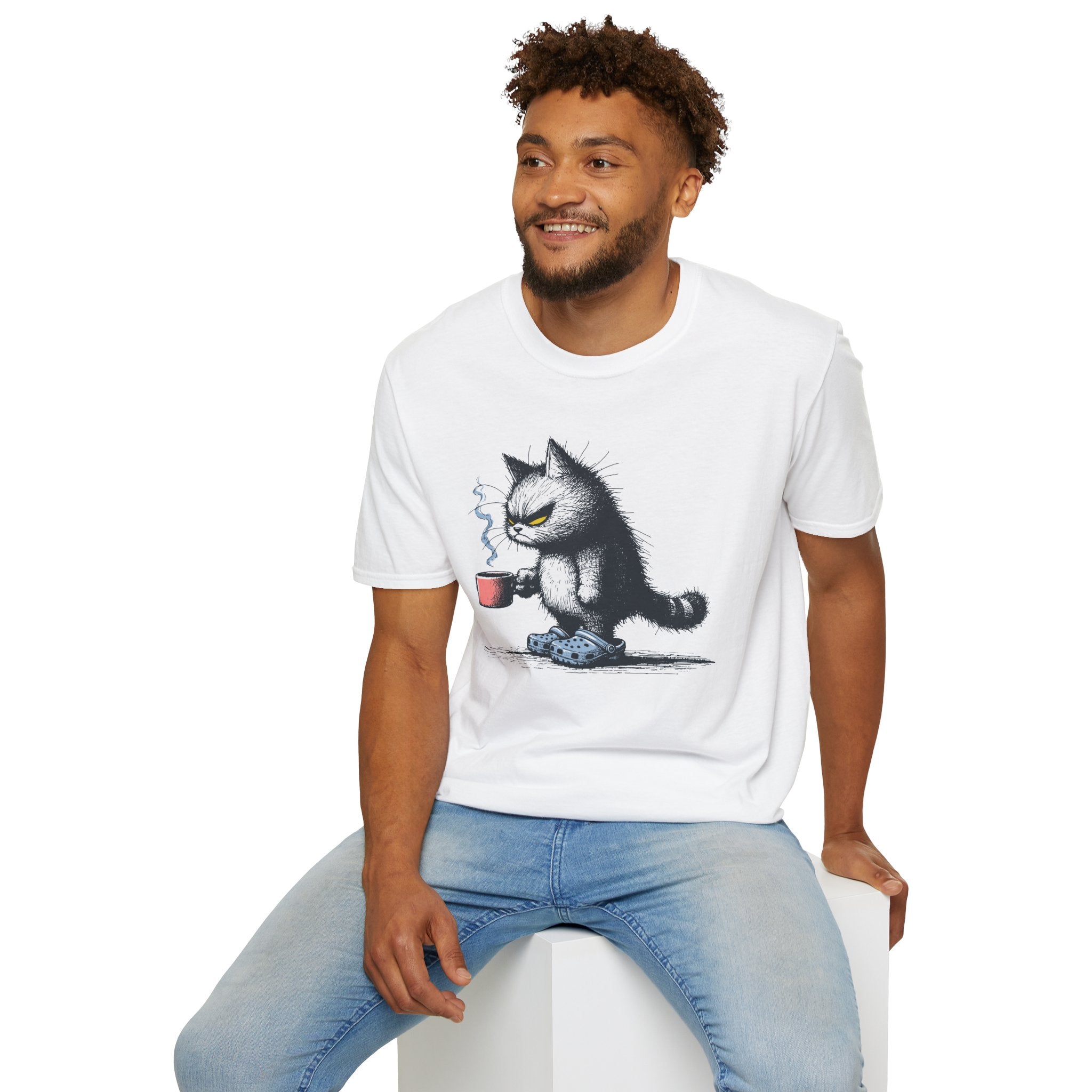 Cat Coffee T-Shirt — Grumpy Cat Holding Mug Illustration