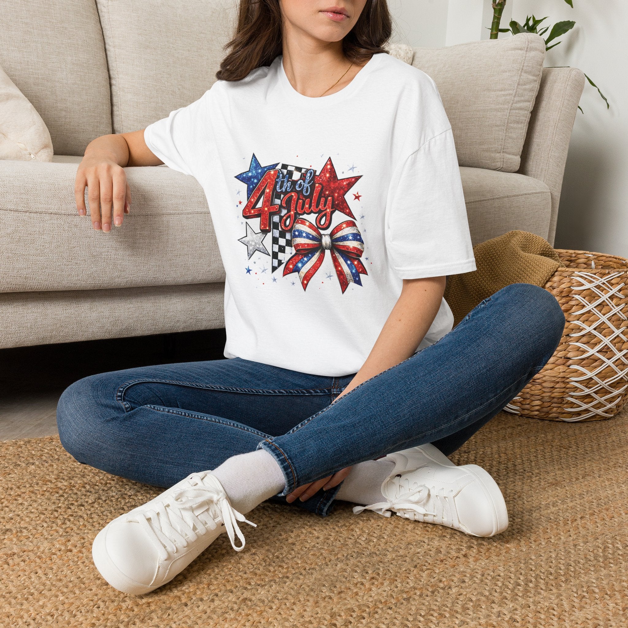 4th of July Patriotic T-Shirt – Red White Blue Stars & Bow Design