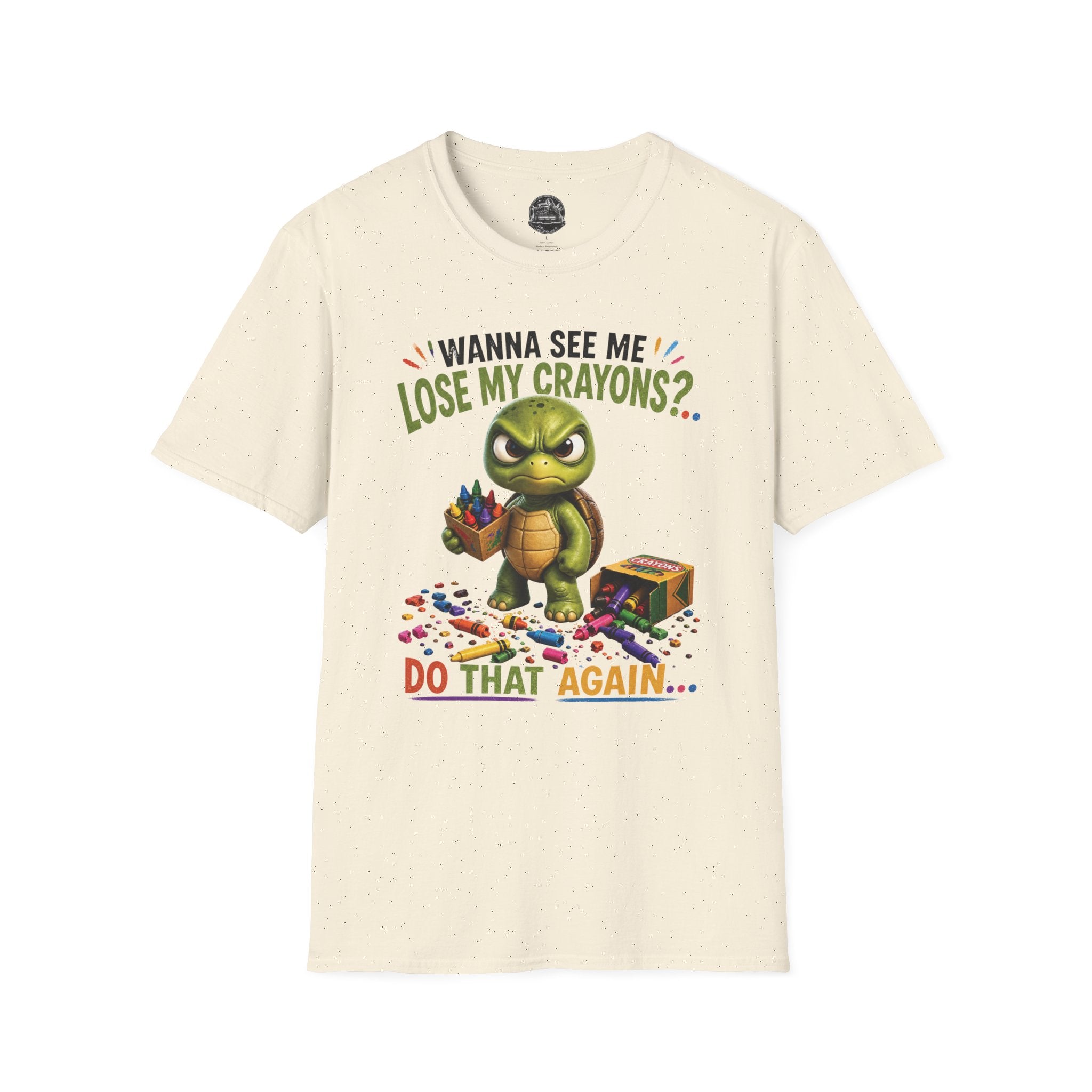 Funny Angry Turtle T-Shirt — “Wanna See Me Lose My Crayons? Do That Again…” — Teacher & Art Lover Tee