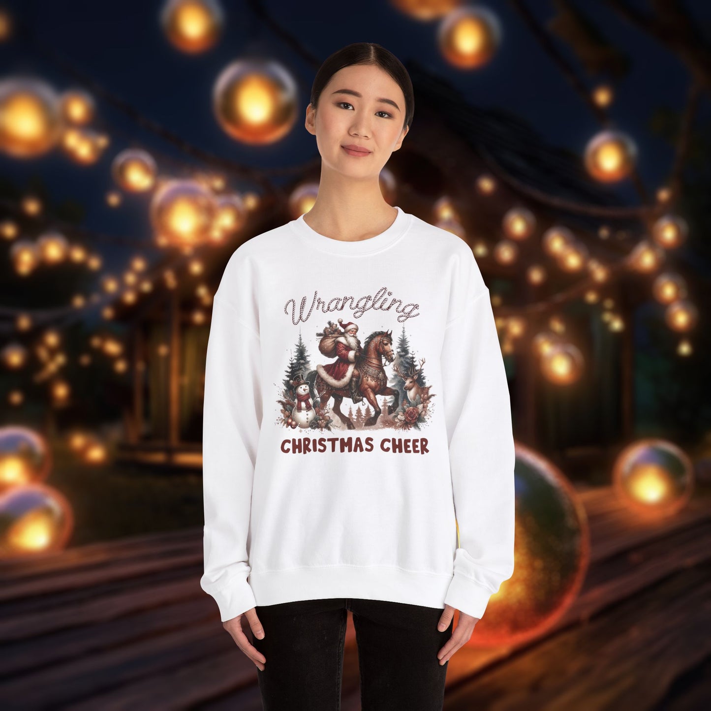 Christmas Western Sweatshirt with Santa on Horse and Snowman