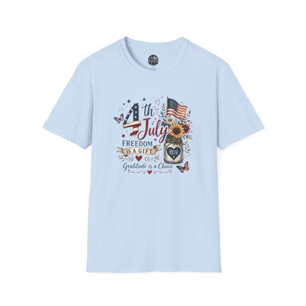 4th of July T-Shirt — "Freedom Is A Gift" Patriotic American Flag & Sunflower Tee