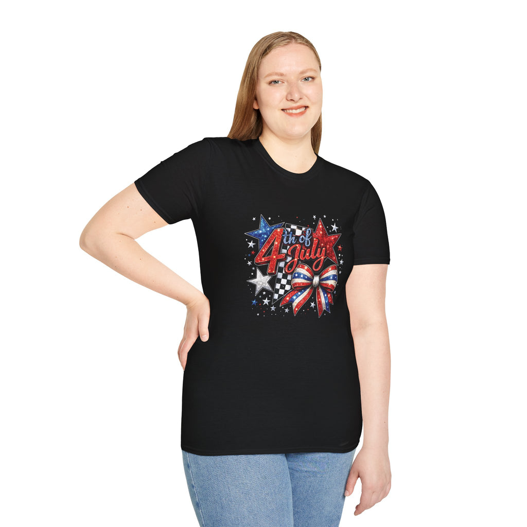 4th of July Patriotic T-Shirt – Red White Blue Stars & Bow Design
