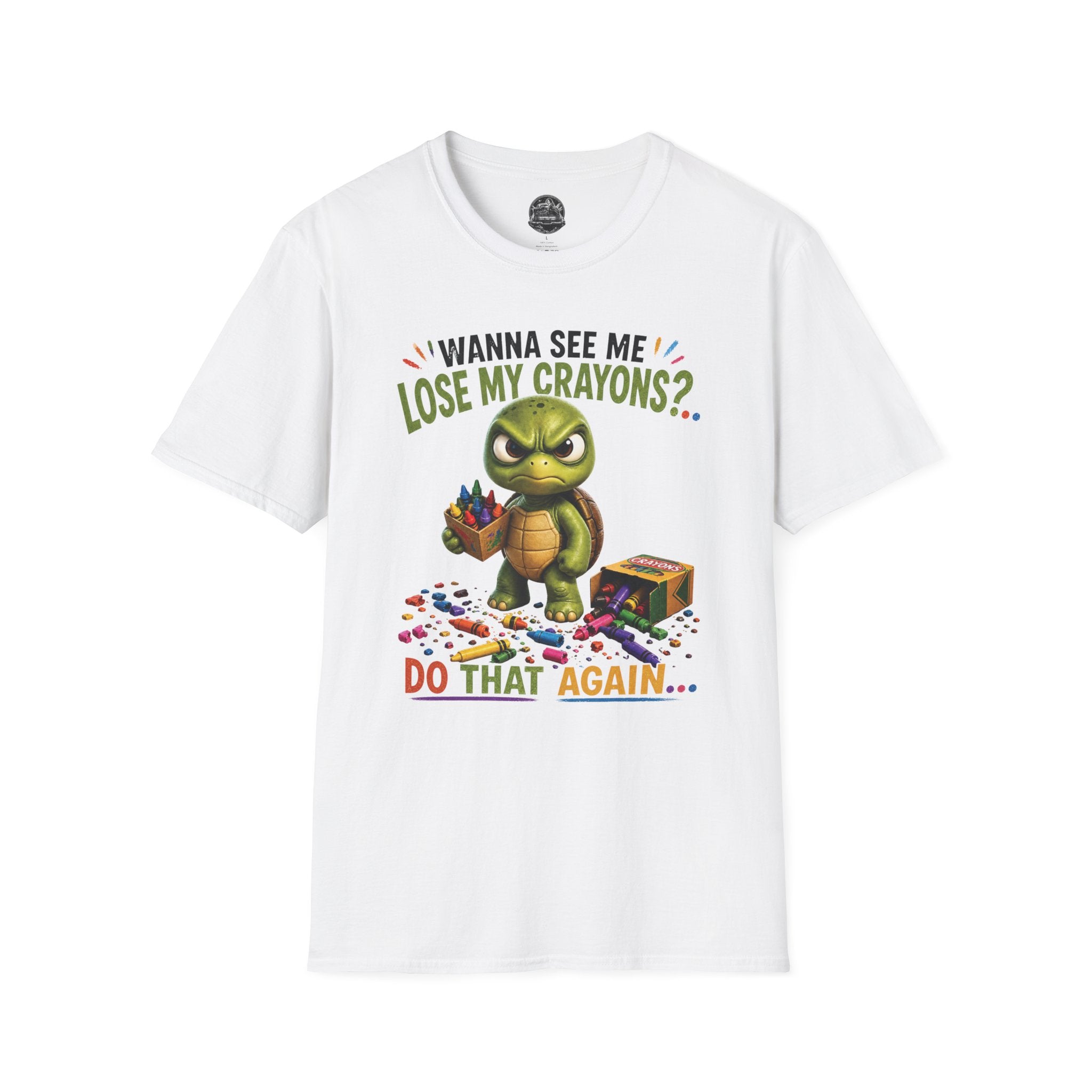 Funny Angry Turtle T-Shirt — “Wanna See Me Lose My Crayons? Do That Again…” — Teacher & Art Lover Tee