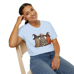 Halloween Ghost Trio T-Shirt — Leopard, Checker & Pumpkin Hat Design
