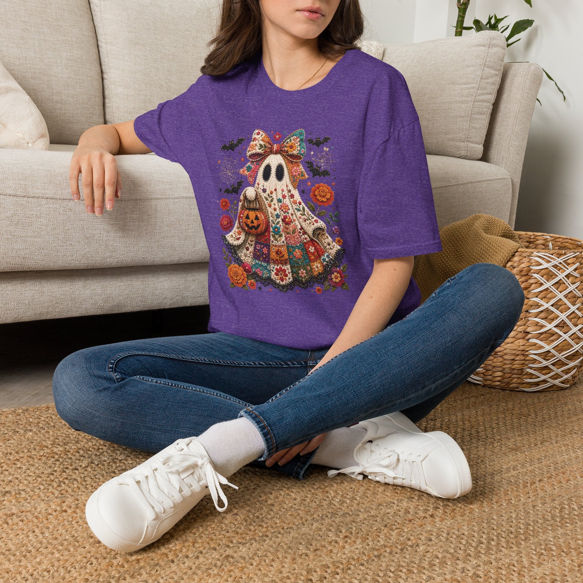 Patchwork Floral Ghost Halloween Shirt | Quilted Boho Ghost with Pumpkin and Bats