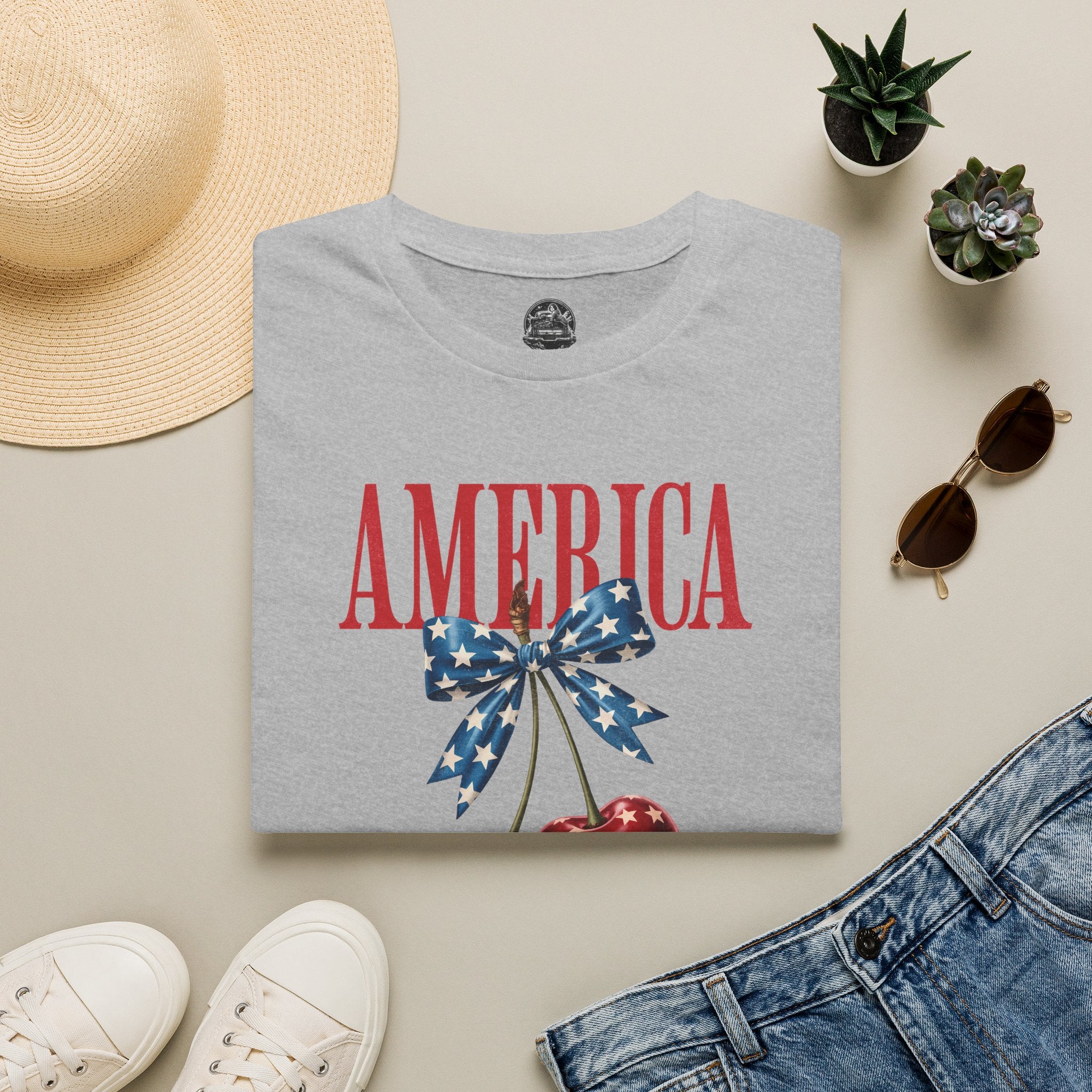 Patriotic Cherry T-Shirt — Glossy Stars & Vintage “AMERICA” Design