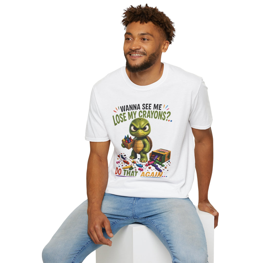 Funny Angry Turtle T-Shirt — “Wanna See Me Lose My Crayons? Do That Again…” — Teacher & Art Lover Tee