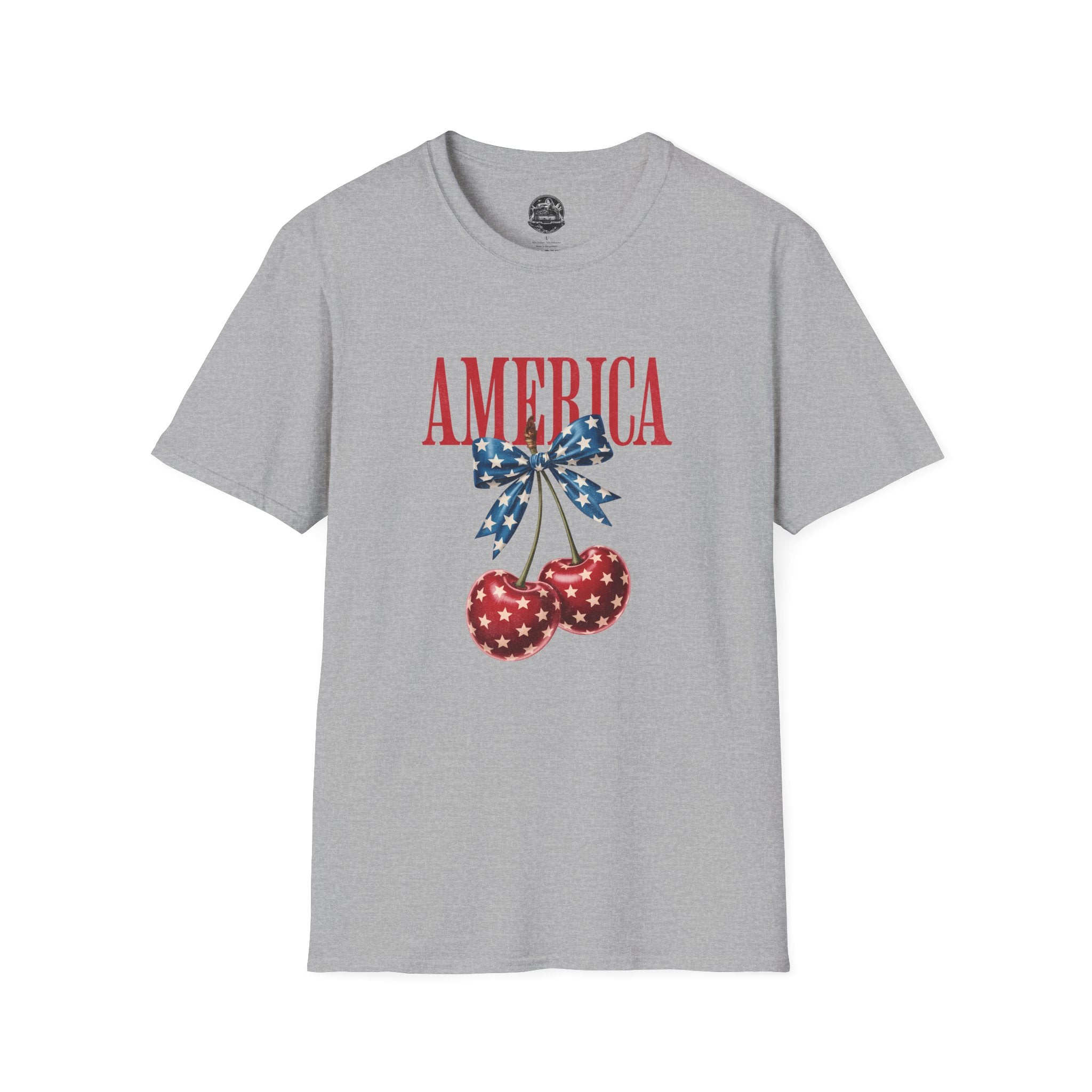 America Cherry Graphic T‑Shirt — Patriotic Stars & Stripes Bow Tee