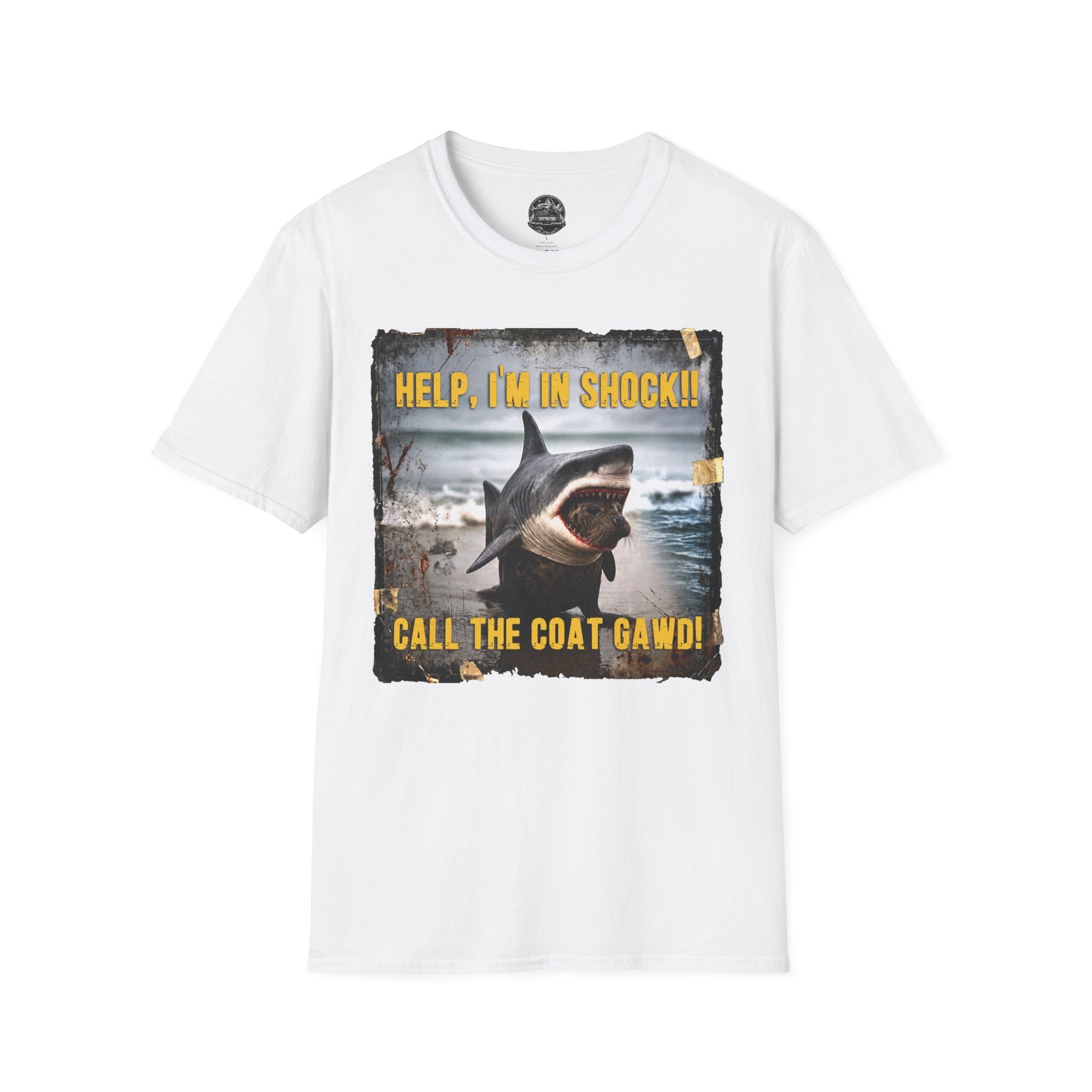 Shark Graphic T-Shirt — "Help, I'm in Shock!" Funny Beachwear