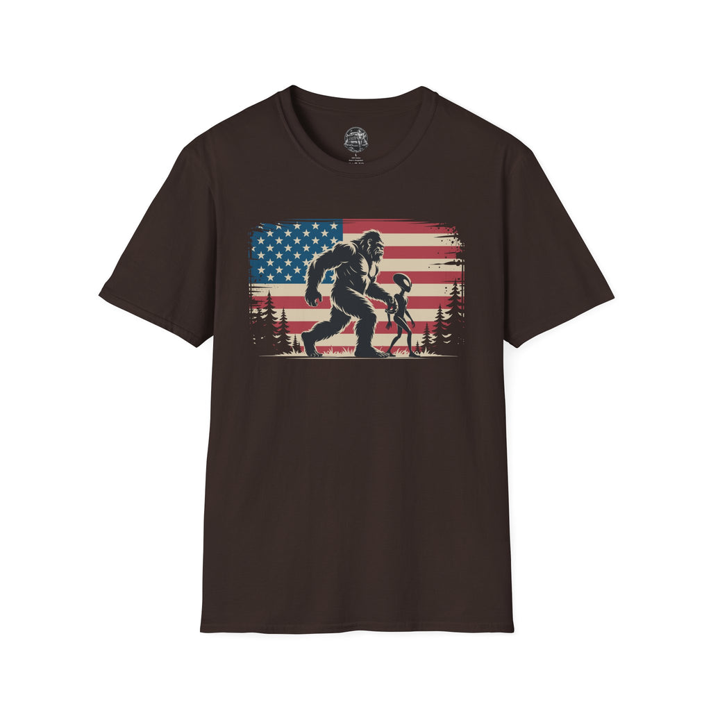 Bigfoot & Alien Patriotic T-Shirt — Distressed Flag Cryptid Design