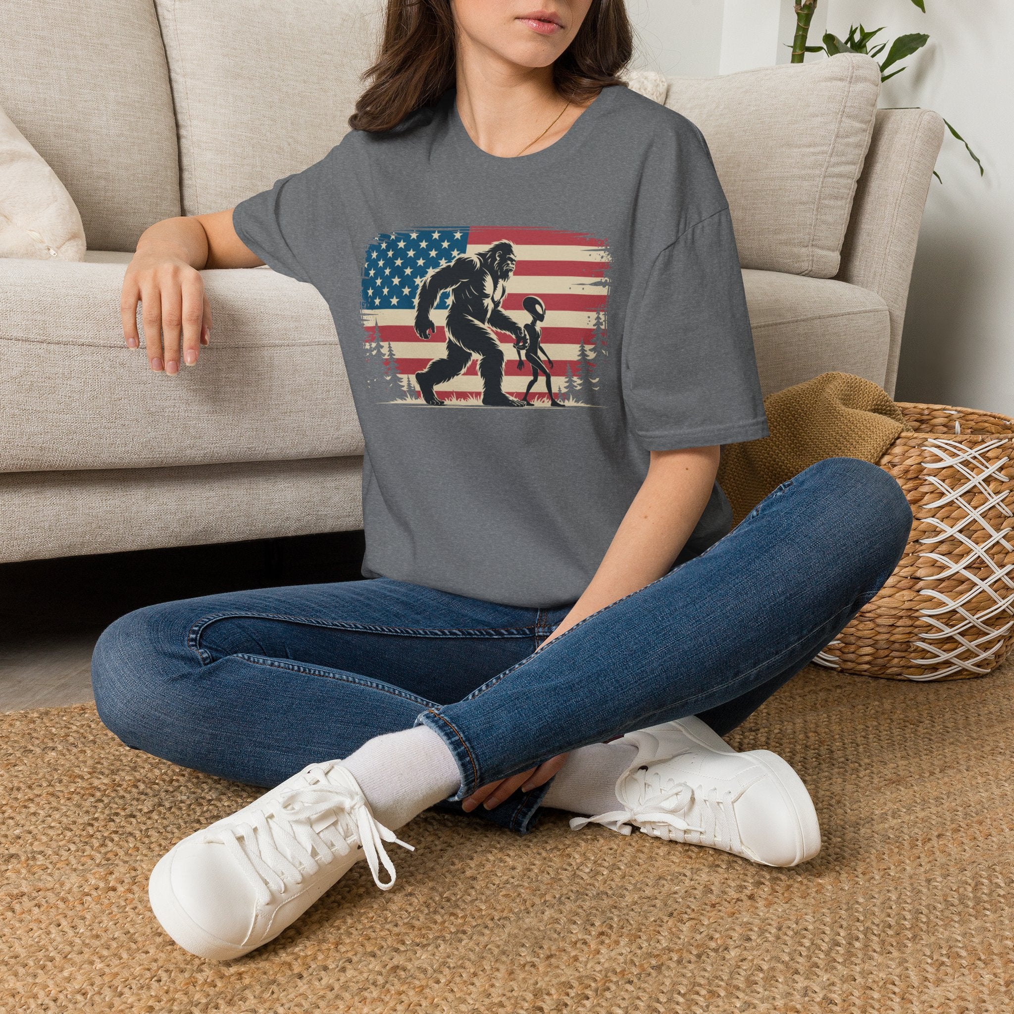 Bigfoot & Alien Holding Hands T-Shirt — American Flag Graphic