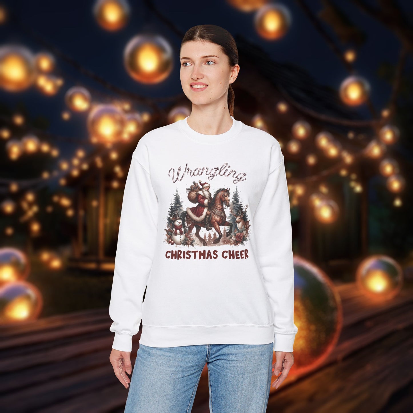 Christmas Western Sweatshirt with Santa on Horse and Snowman