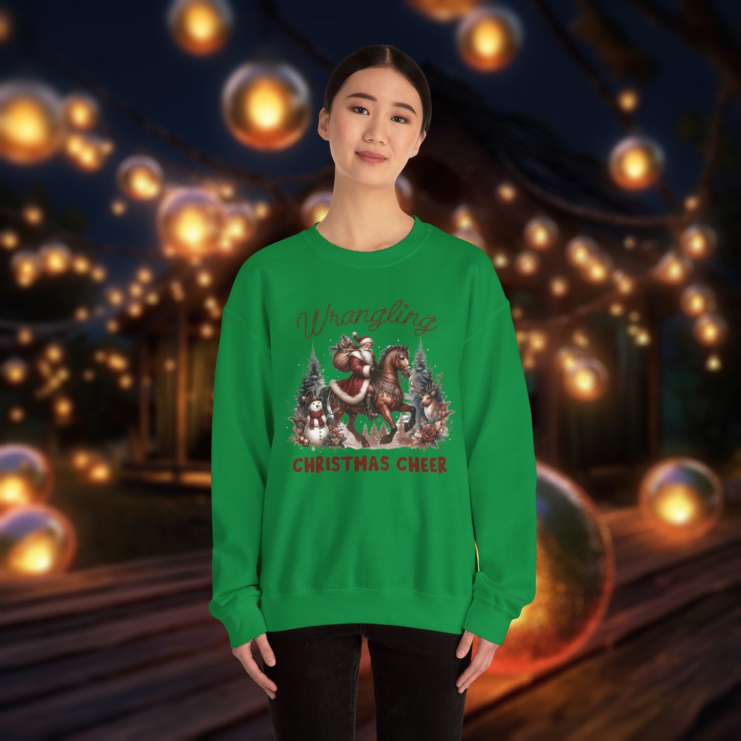 Christmas Western Sweatshirt with Santa on Horse and Snowman