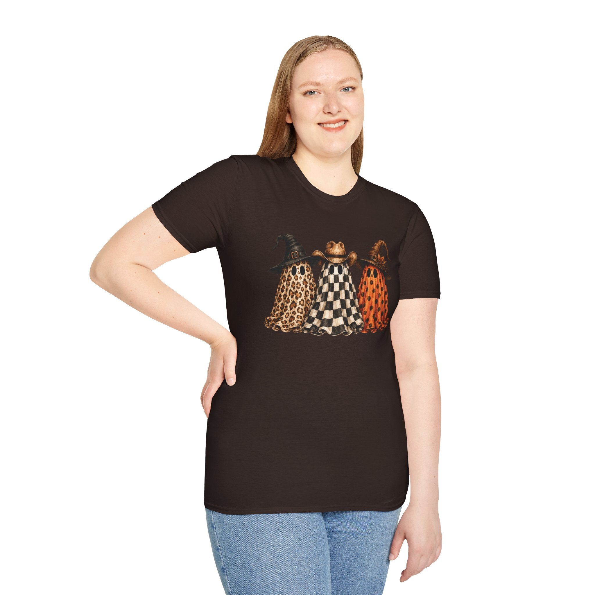 Halloween Ghost Trio T-Shirt — Leopard, Checker & Pumpkin Hat Design