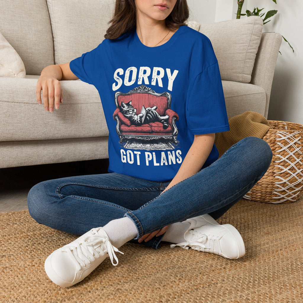 Sorry, Got Plans T‑Shirt — Cat on Couch Funny Lazy Day Tee