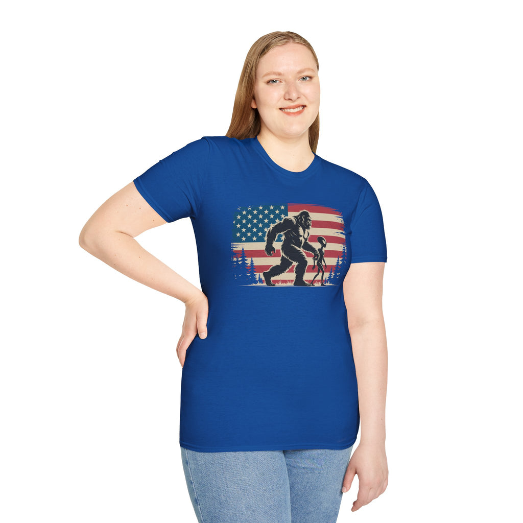 Bigfoot & Alien Patriotic T-Shirt — Distressed Flag Cryptid Design