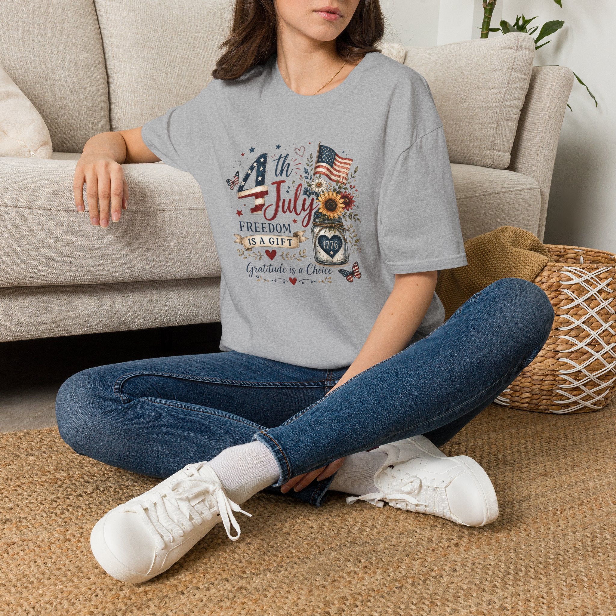 4th of July T-Shirt — "Freedom Is A Gift" Patriotic American Flag & Sunflower Tee