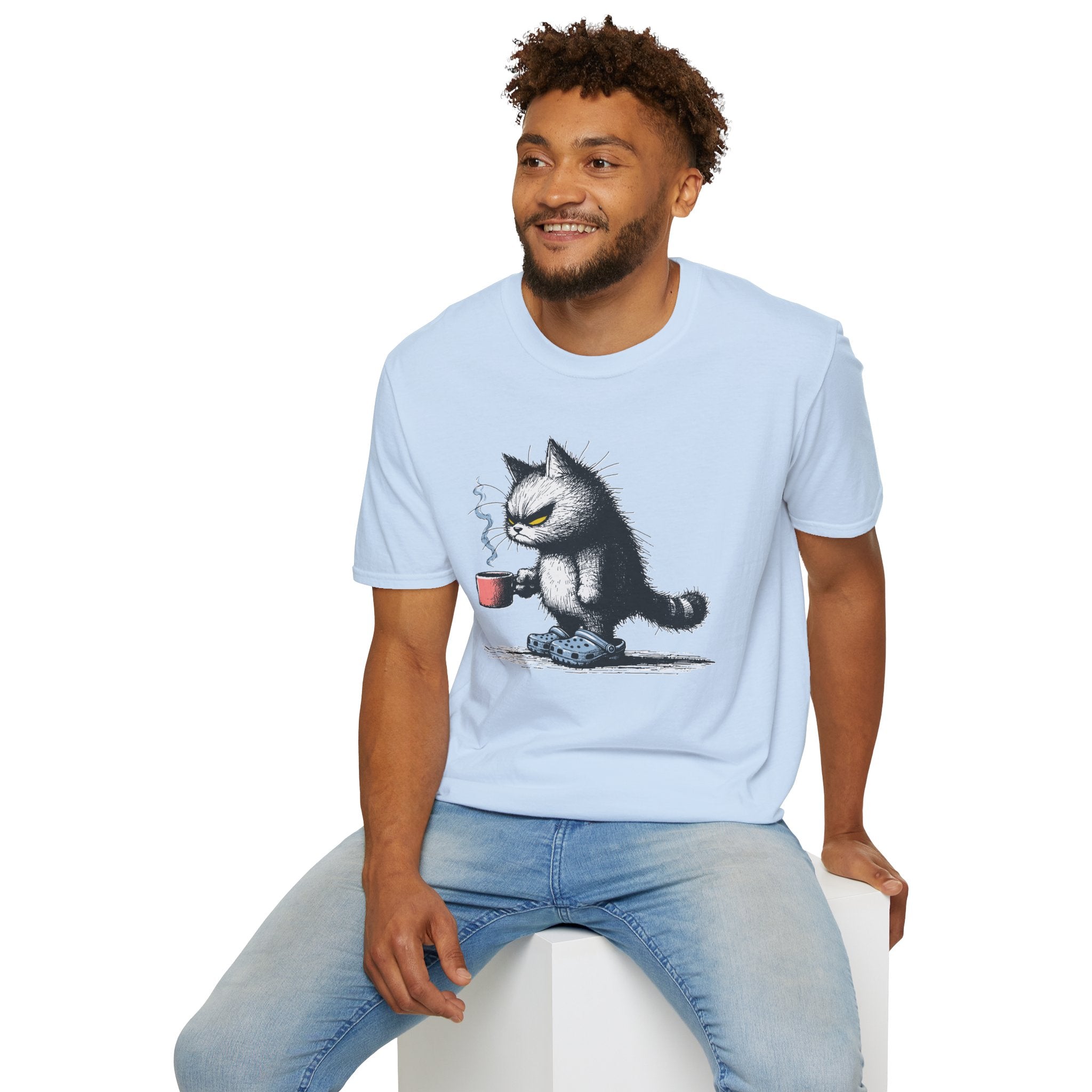 Cat Coffee T-Shirt — Grumpy Cat Holding Mug Illustration