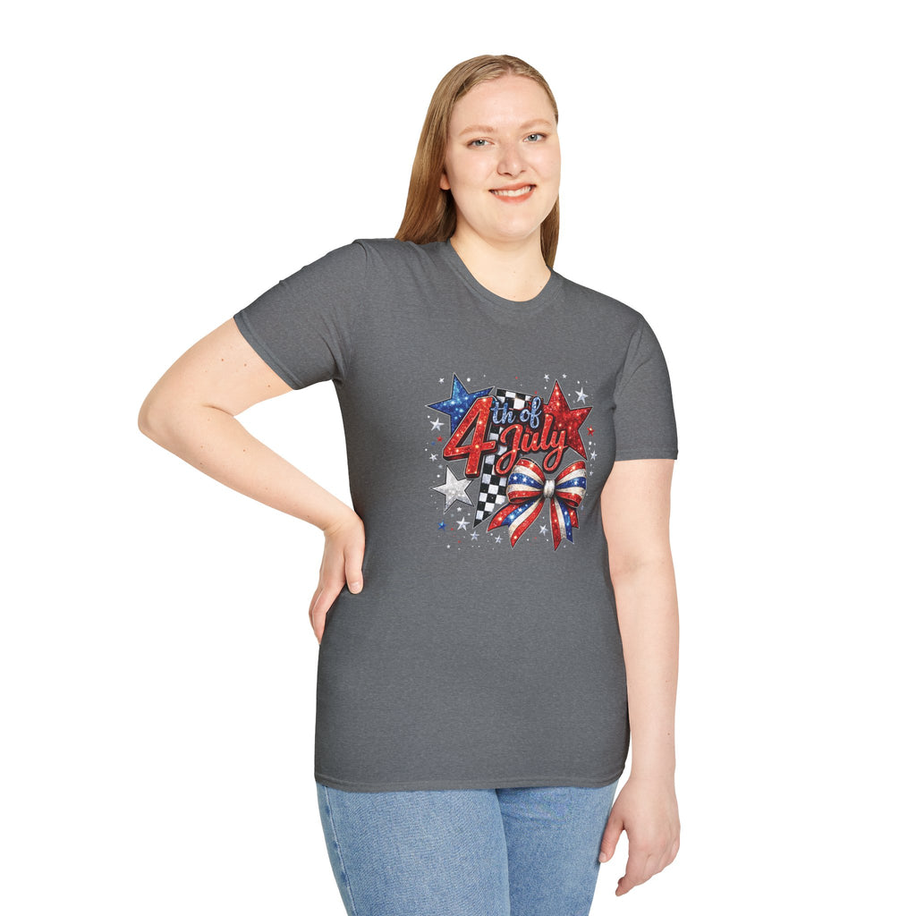 4th of July Patriotic T-Shirt – Red White Blue Stars & Bow Design