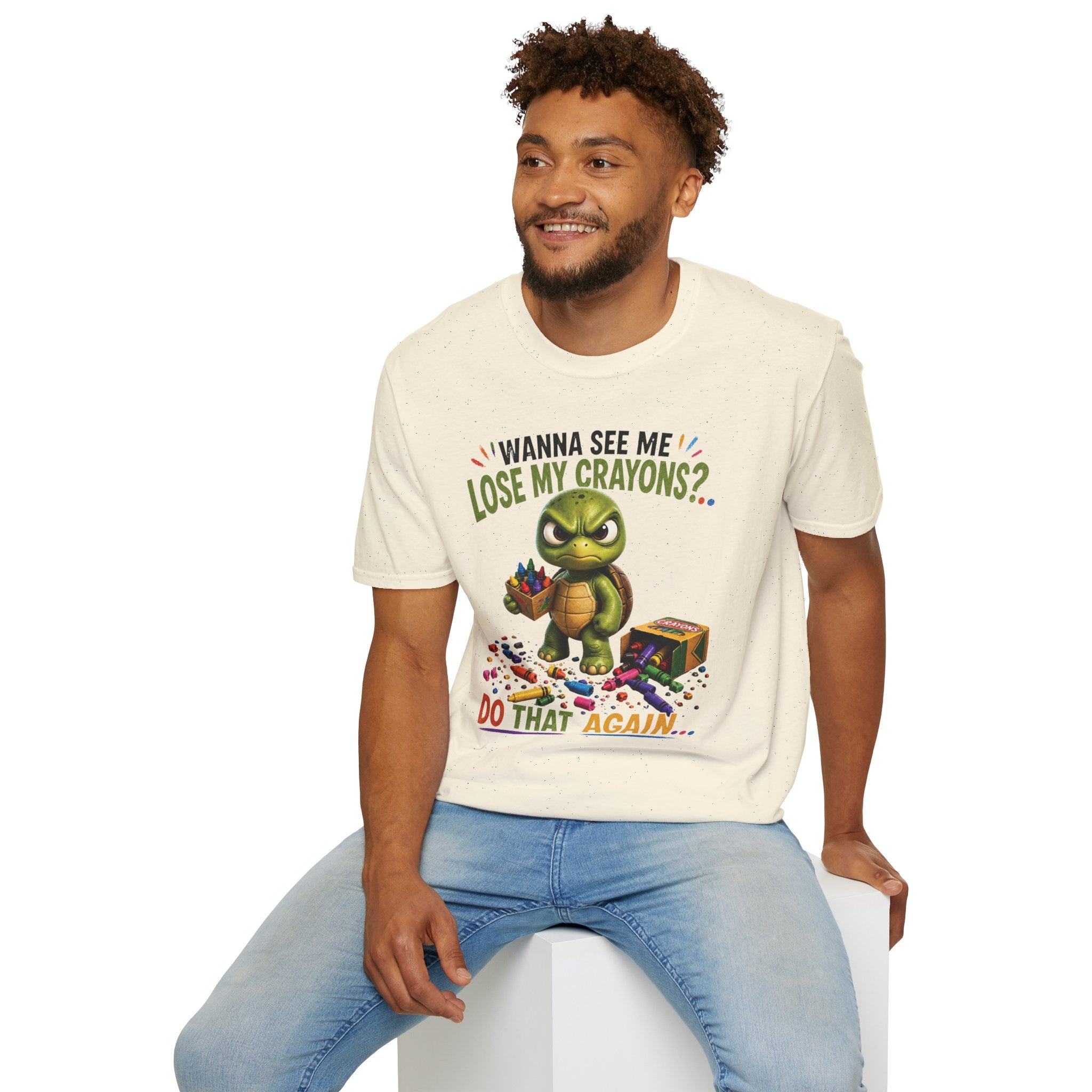Funny Angry Turtle T-Shirt — “Wanna See Me Lose My Crayons? Do That Again…” — Teacher & Art Lover Tee