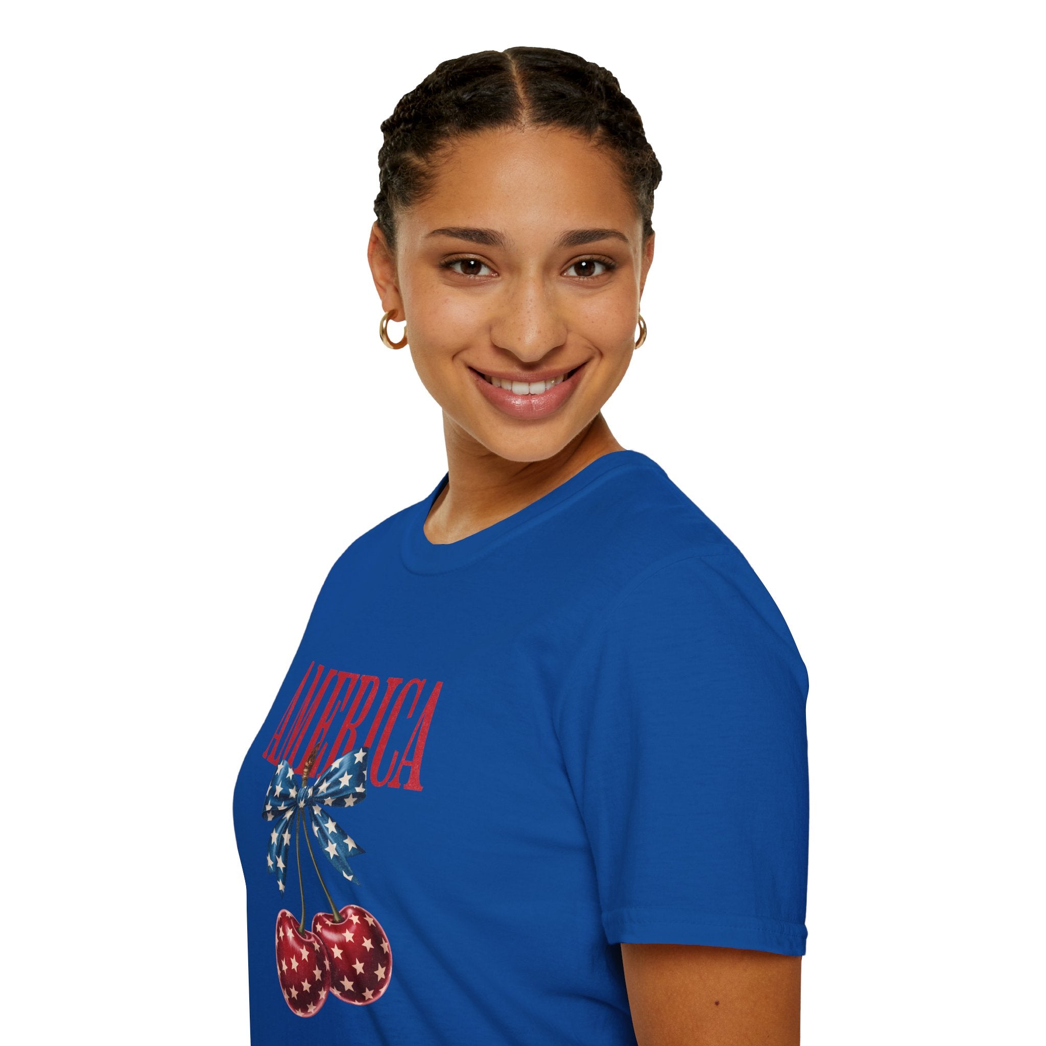 America Cherry Graphic T‑Shirt — Patriotic Stars & Stripes Bow Tee