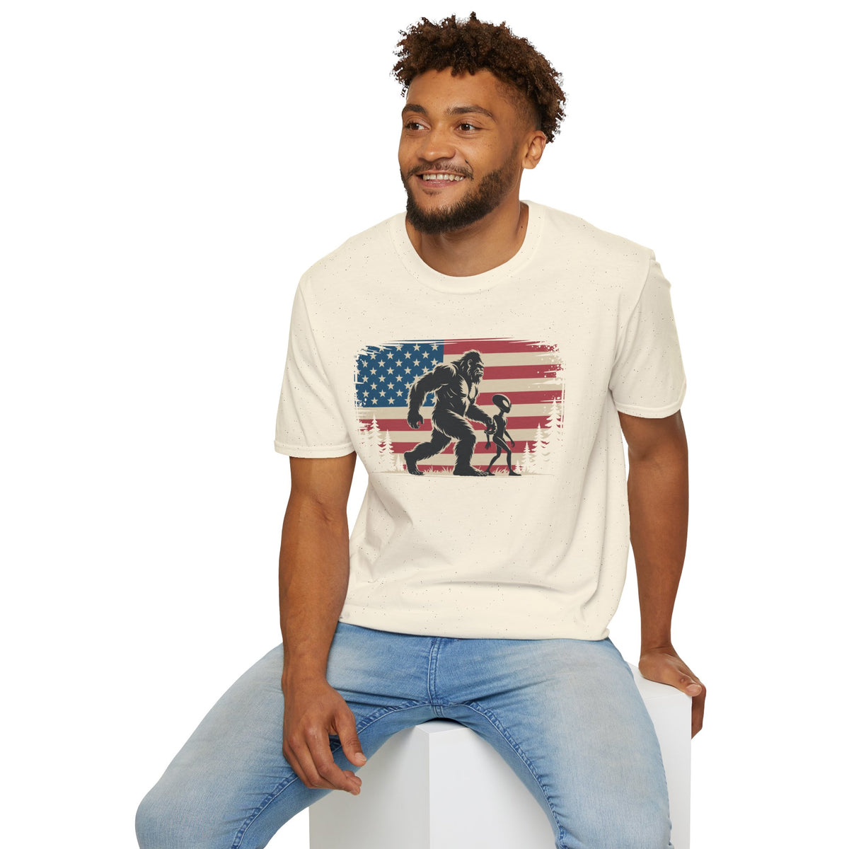Bigfoot & Alien Patriotic T-Shirt — Distressed Flag Cryptid Design