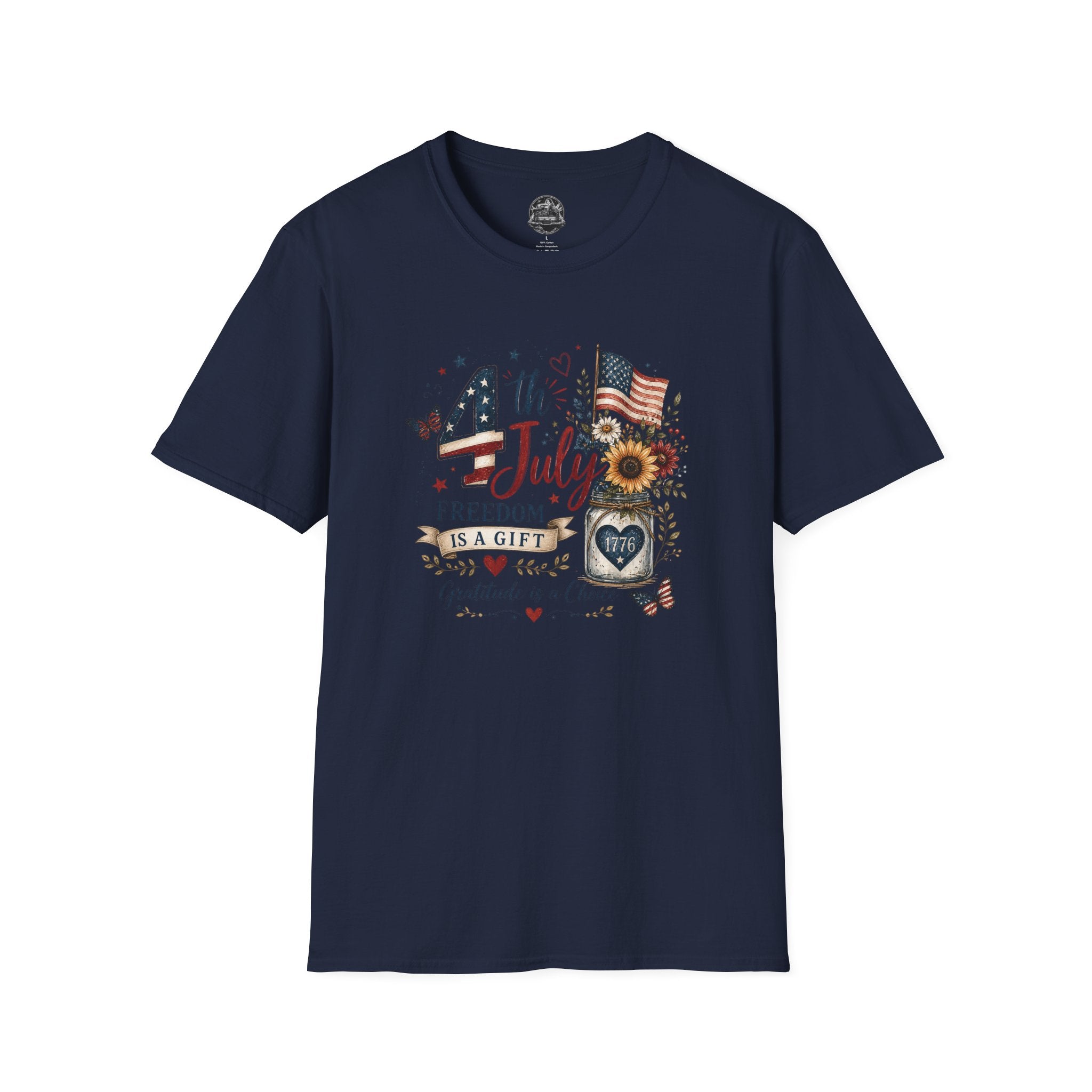 4th of July T-Shirt — "Freedom Is A Gift" Patriotic American Flag & Sunflower Tee