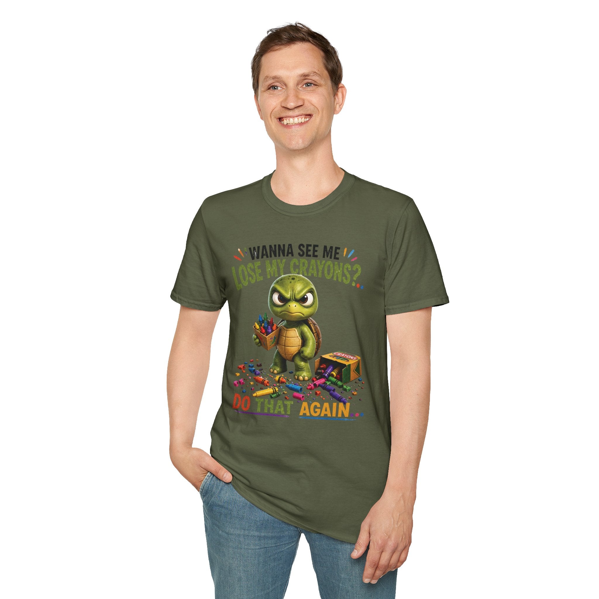 Funny Angry Turtle T-Shirt — “Wanna See Me Lose My Crayons? Do That Again…” — Teacher & Art Lover Tee