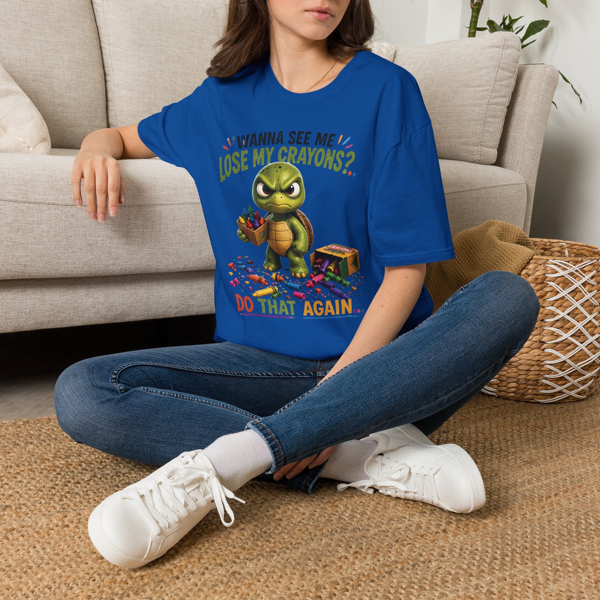 Funny Angry Turtle T-Shirt — “Wanna See Me Lose My Crayons? Do That Again…” — Teacher & Art Lover Tee