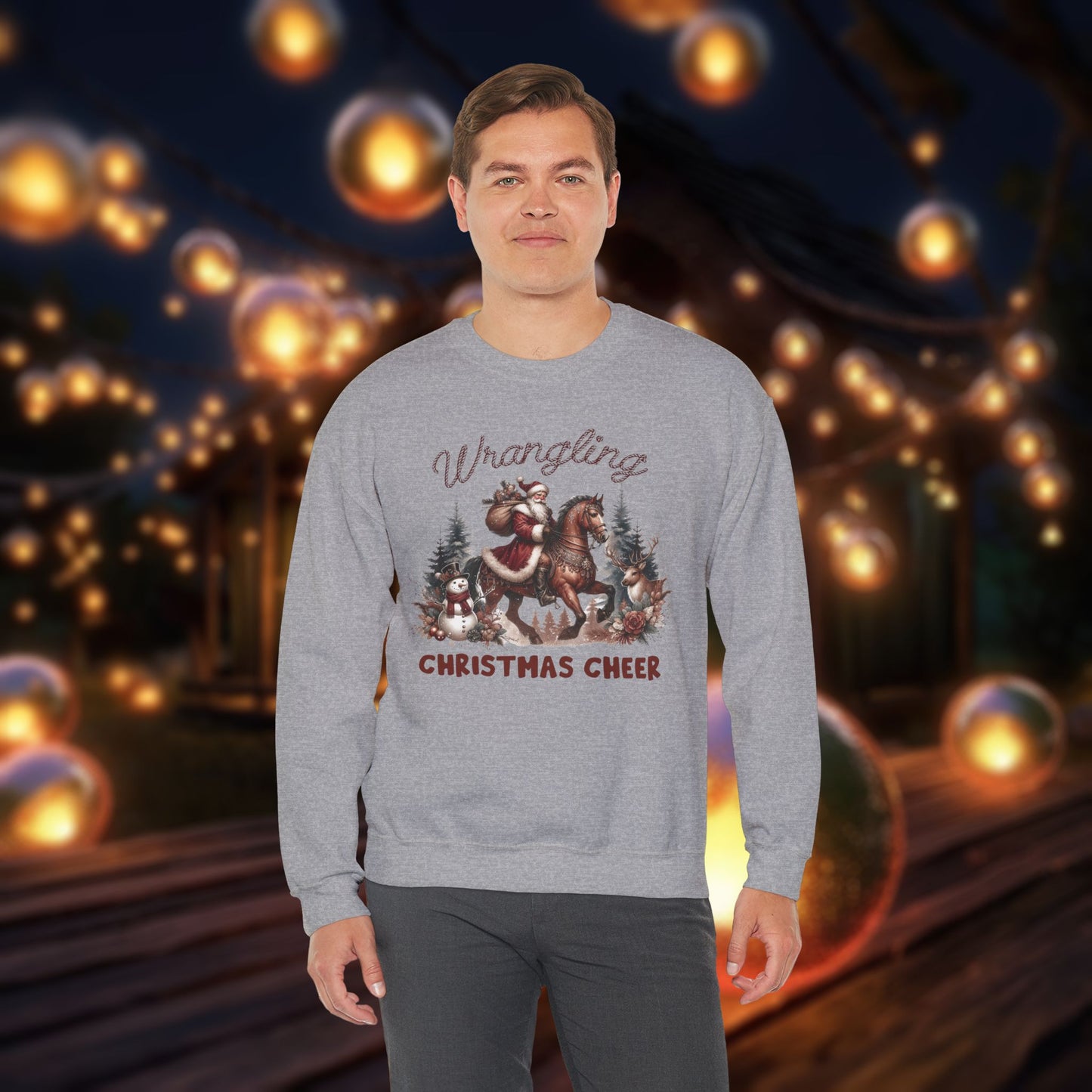 Christmas Western Sweatshirt with Santa on Horse and Snowman