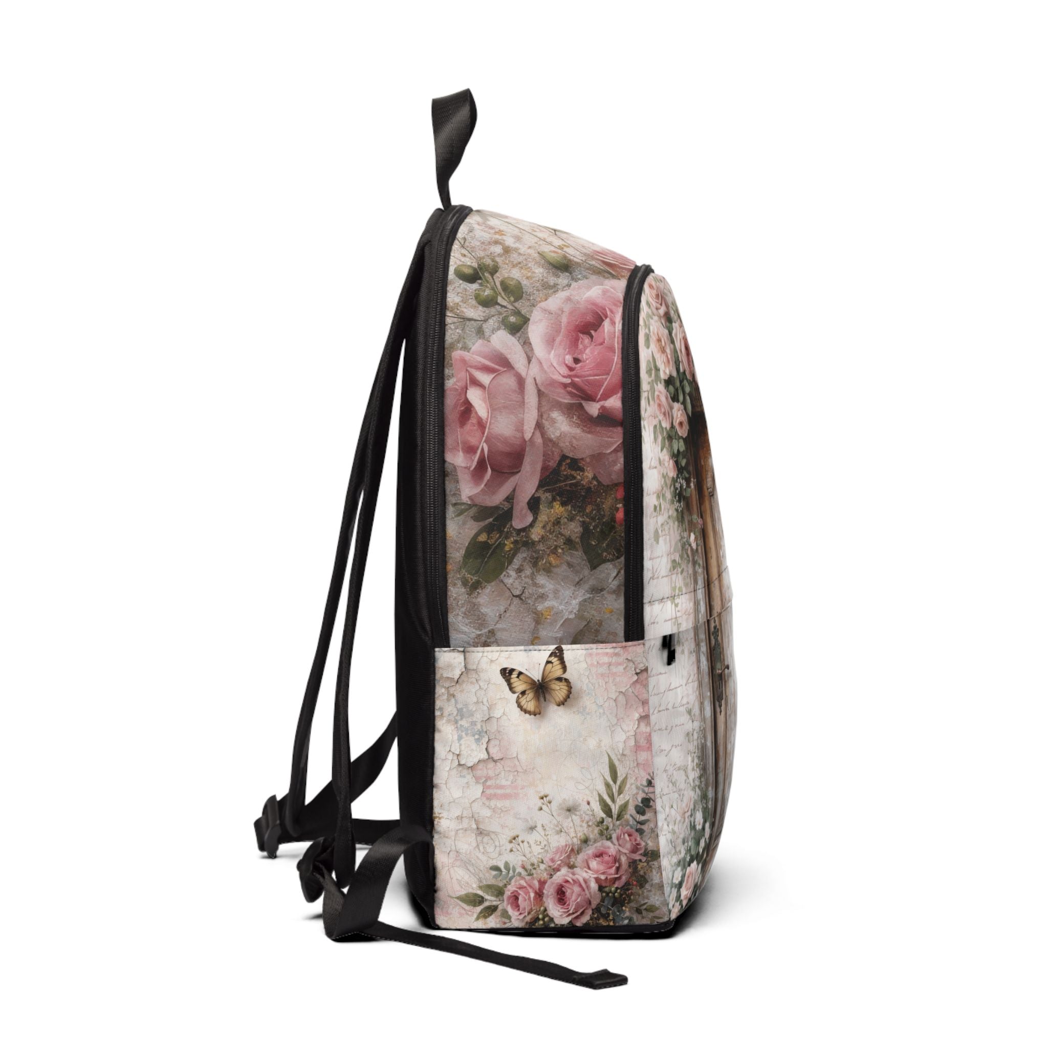 Vintage Rose Garden Backpack — 'Every Door Has a Story' Floral Doorpack