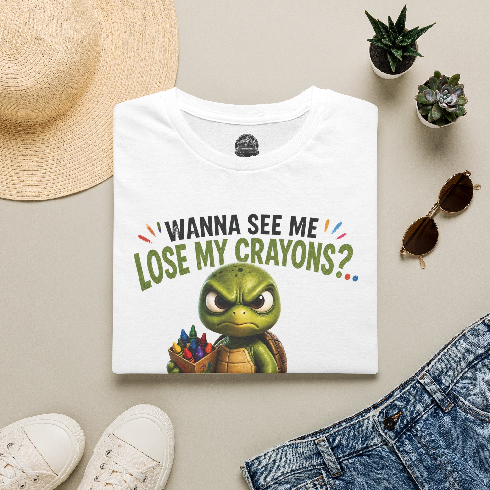 Funny Angry Turtle T-Shirt — “Wanna See Me Lose My Crayons? Do That Again…” — Teacher & Art Lover Tee