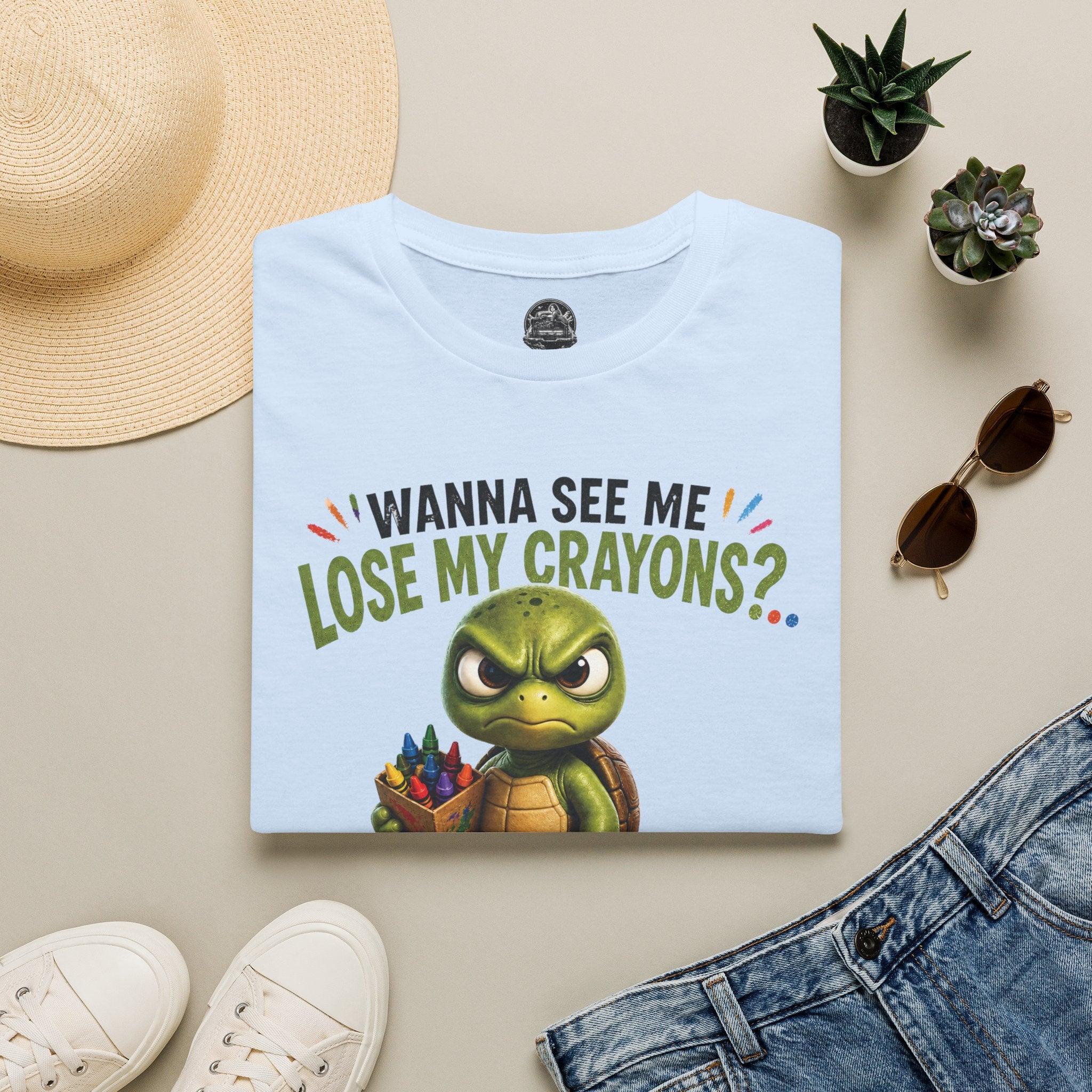 Funny Angry Turtle T-Shirt — “Wanna See Me Lose My Crayons? Do That Again…” — Teacher & Art Lover Tee