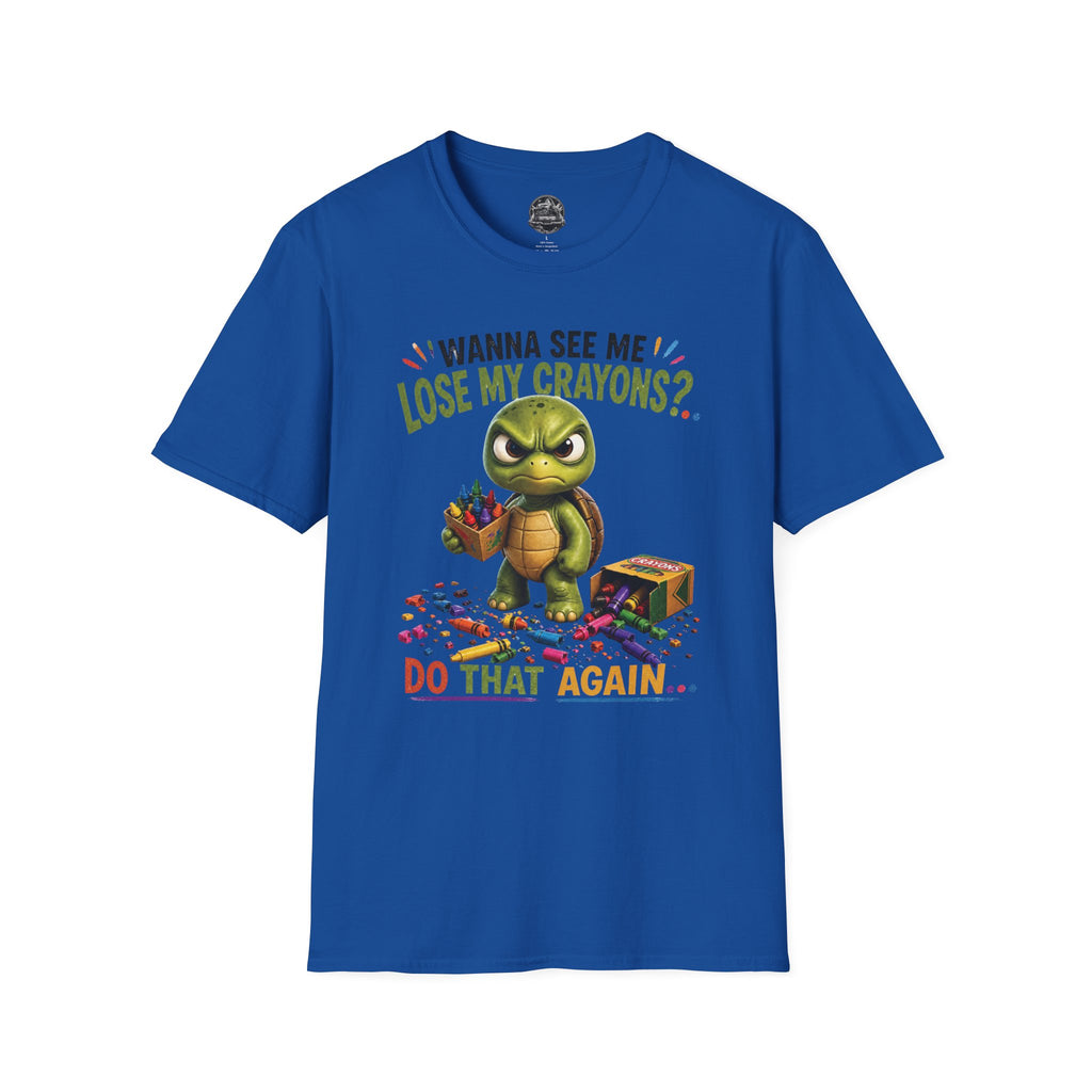 Funny Angry Turtle T-Shirt — “Wanna See Me Lose My Crayons? Do That Again…” — Teacher & Art Lover Tee