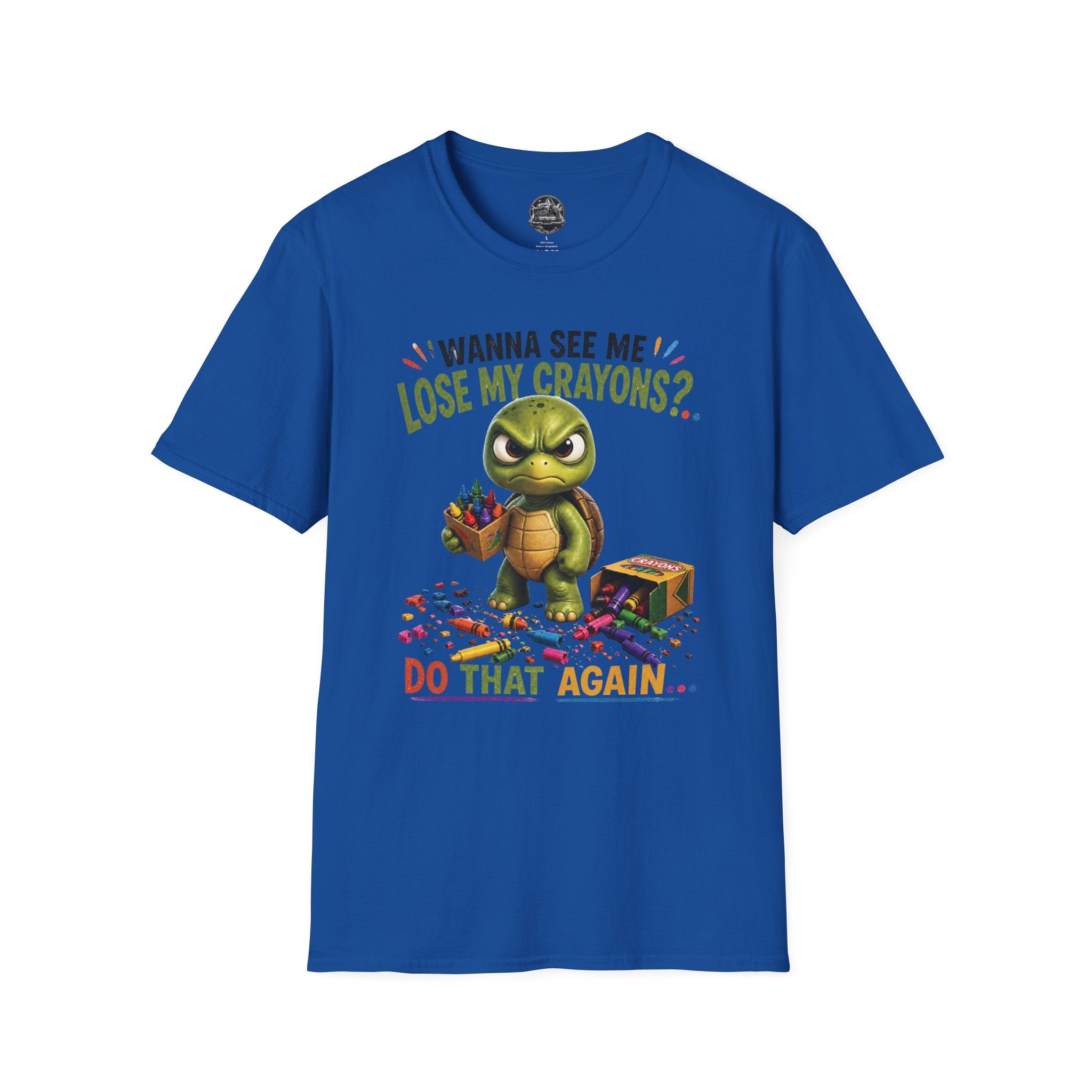 Funny Angry Turtle T-Shirt — “Wanna See Me Lose My Crayons? Do That Again…” — Teacher & Art Lover Tee