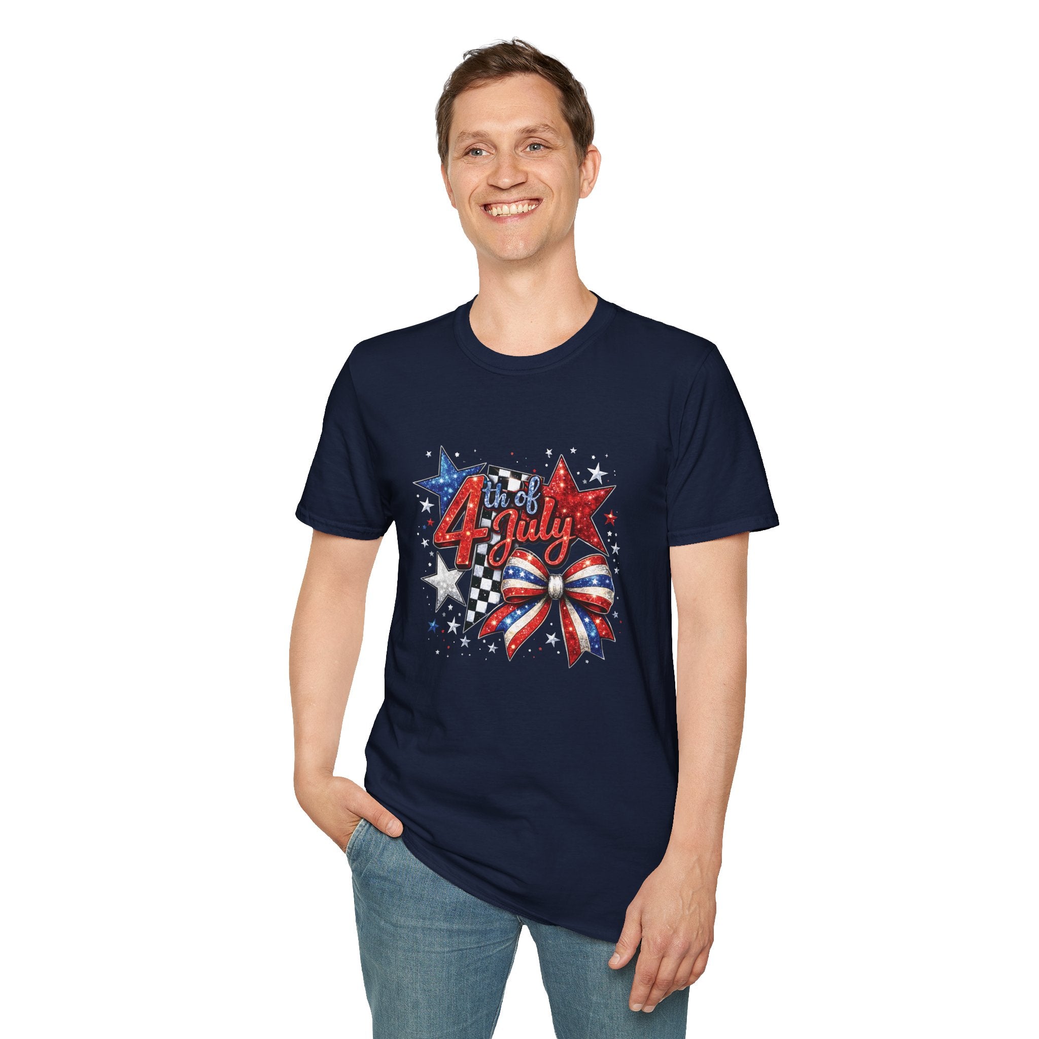 4th of July Patriotic T-Shirt – Red White Blue Stars & Bow Design