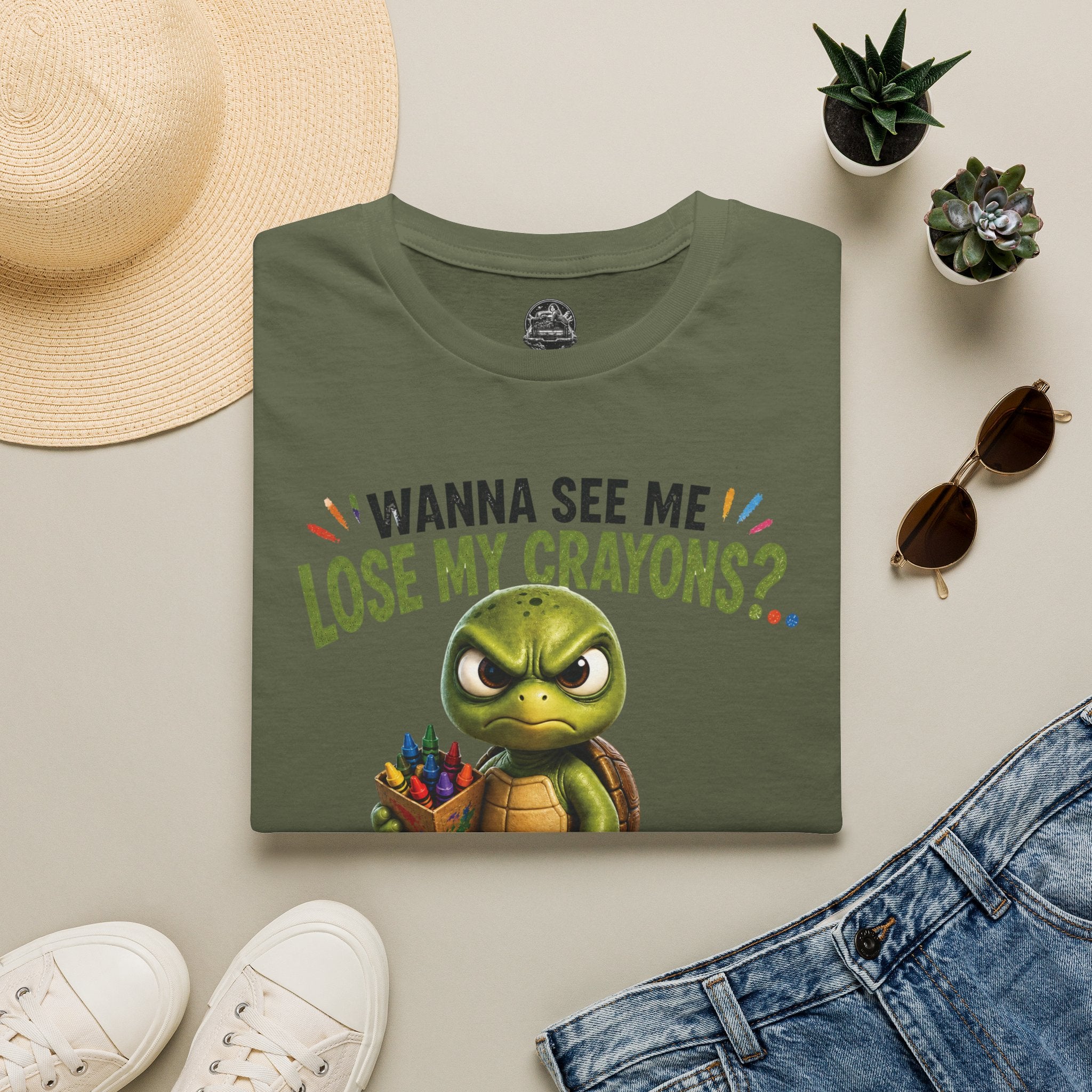 Funny Angry Turtle T-Shirt — “Wanna See Me Lose My Crayons? Do That Again…” — Teacher & Art Lover Tee