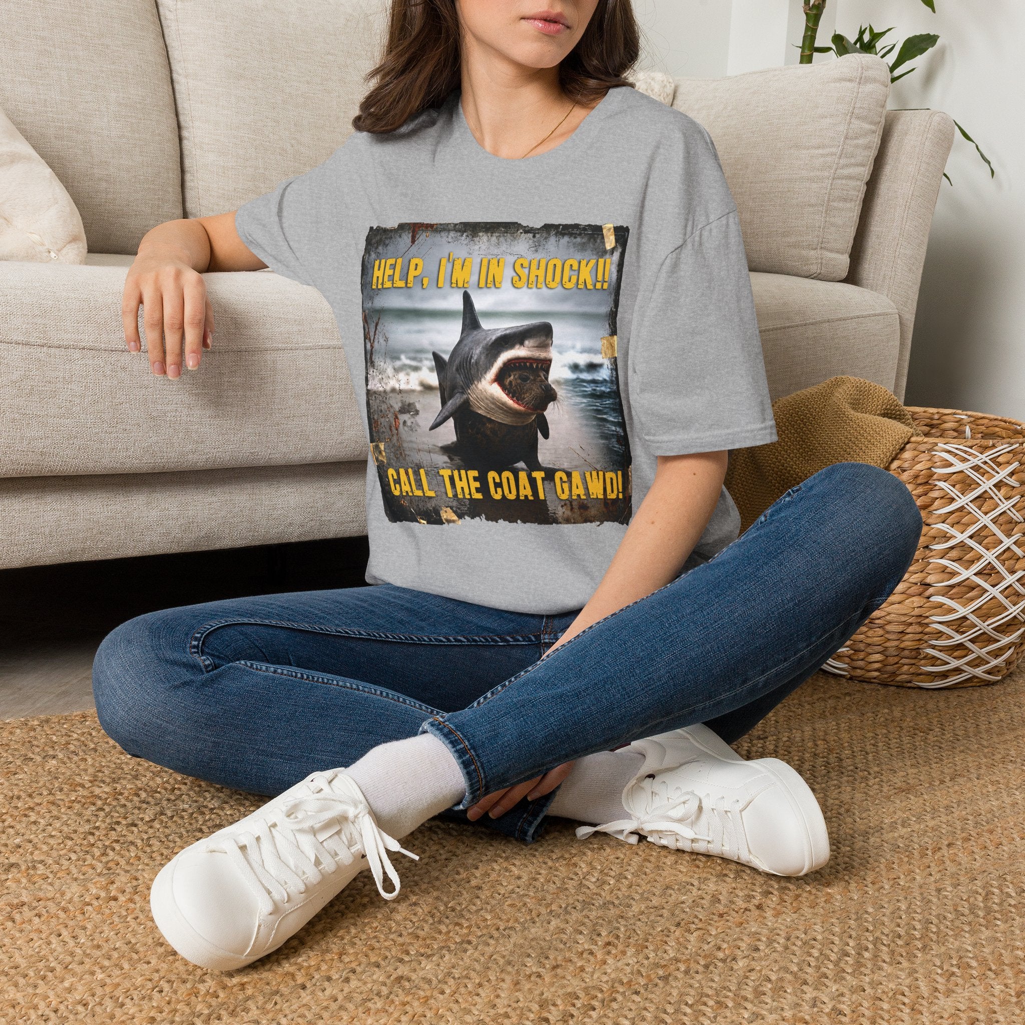 Shark Graphic T-Shirt — "Help, I'm in Shock!" Funny Beachwear