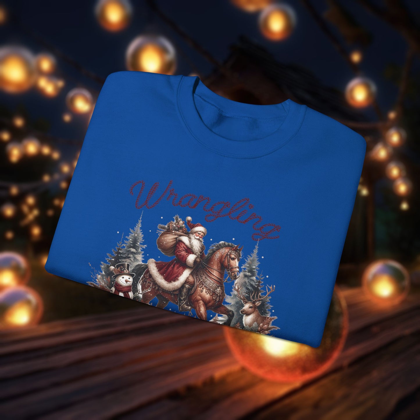 Christmas Western Sweatshirt with Santa on Horse and Snowman